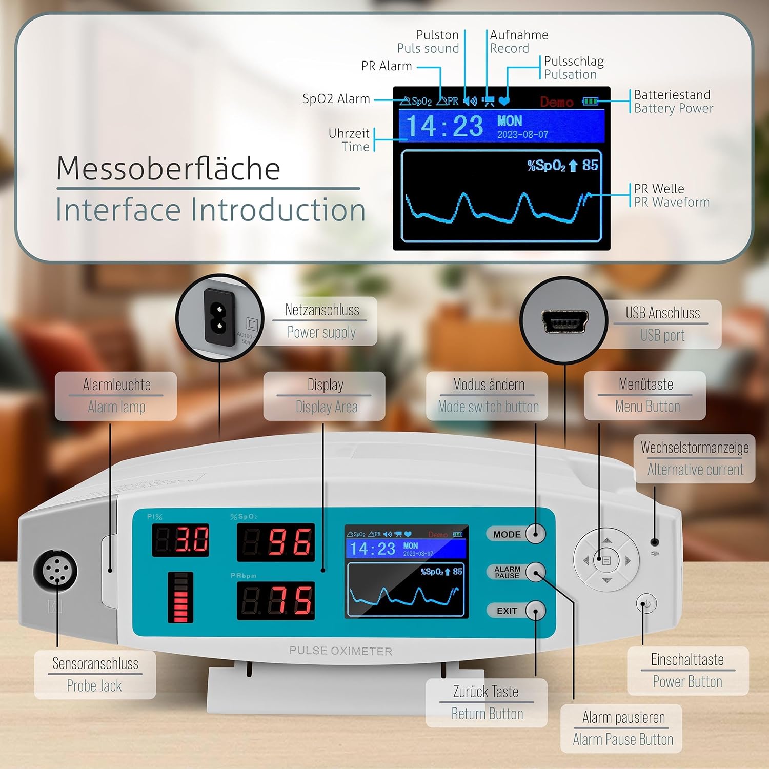 Pulox PO-900 Stationäres Pulsoximeter zur Messung von Sauerstoffsättigung, Pulsfrequenz und PI-Wert – mit Alarm und Software – Bild 3