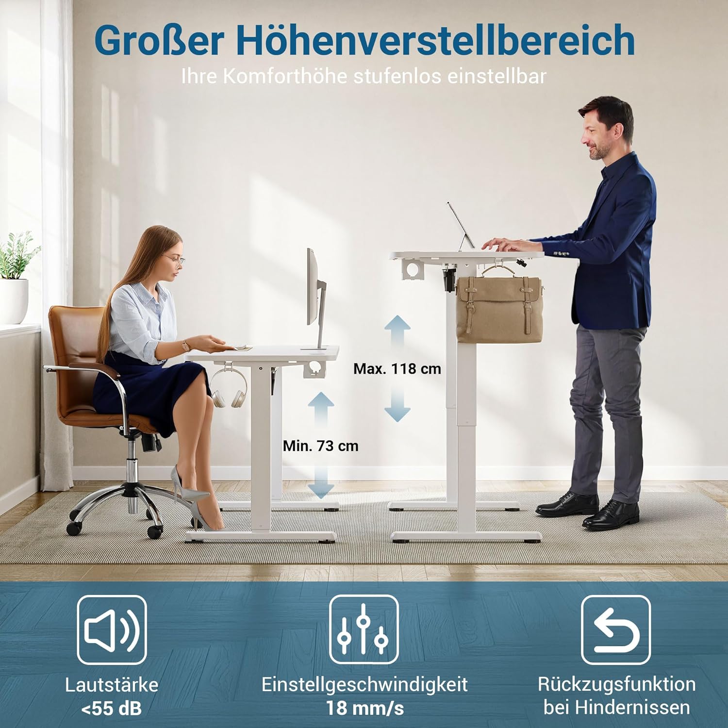 Höhenverstellbarer Schreibtisch, elektrischer Stehpult, Büro-Computertisch mit USB-C-Ladeanschluss und Memory-Funktion, Weiß Pro, 120 x 60 cm – Bild 4
