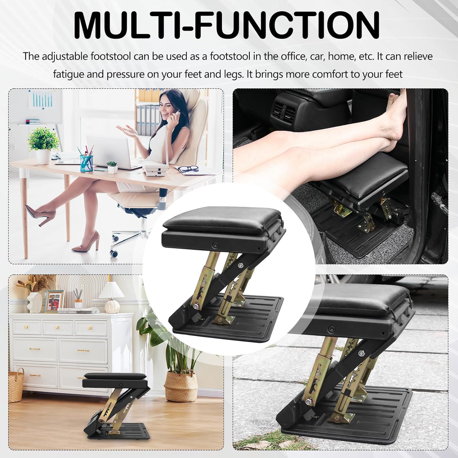 Fußstützen-Schreibtisch, verstellbarer Fußhocker, ergonomischer Fußhocker, abnehmbare Büro-Fußstütze, Fußstütze mit Massage und weichem Sitzkissen für Auto, Büro, Zuhause, Reisen (schwarz) – Bild 8