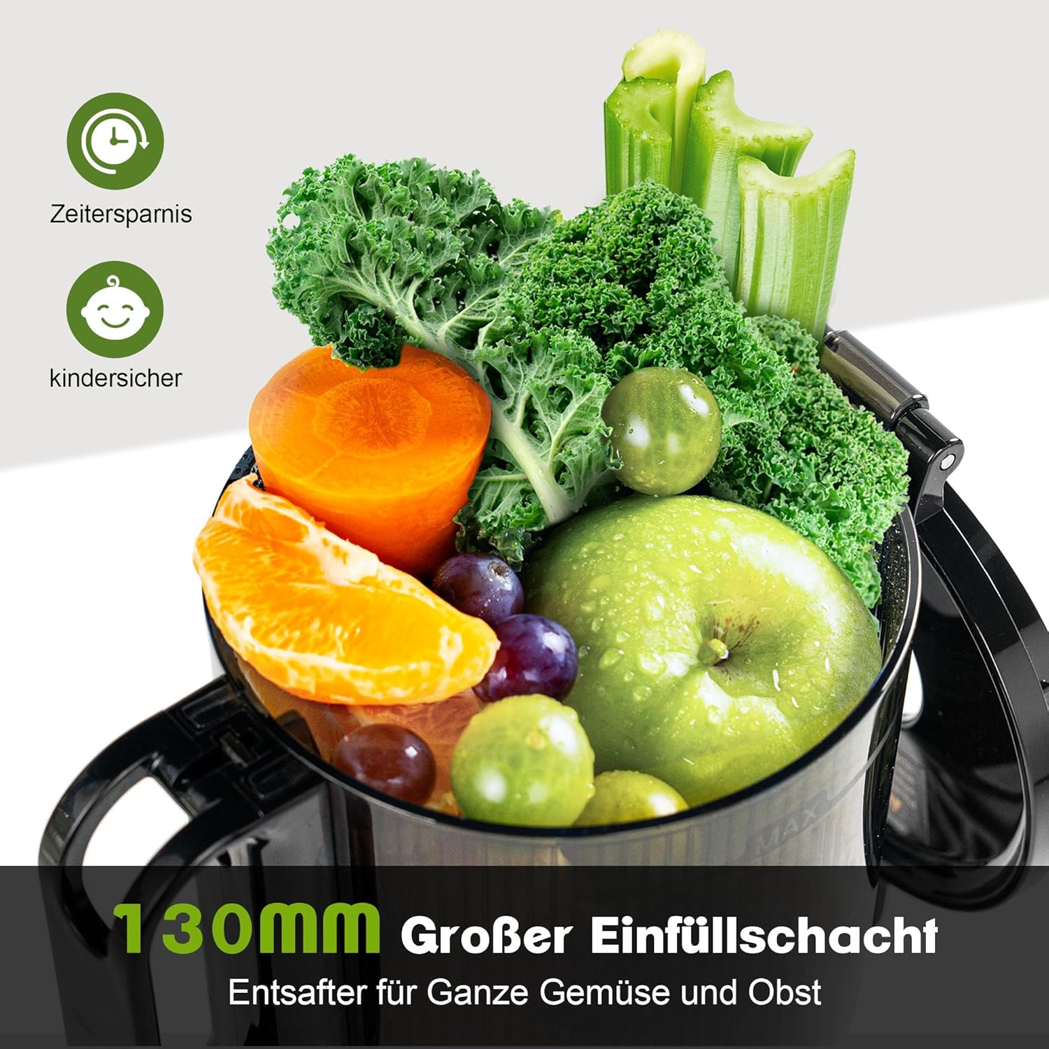 Fretta Entsafter Slow Juicer Entsafter Gemüse und Obst Testsieger, 250W Edelstahl Entsafter Maschine, elektrische Fruchtpresse, Kaltpressung, 130mm große Öffnung, leicht zu reinigen (Edelstahl) – Bild 2