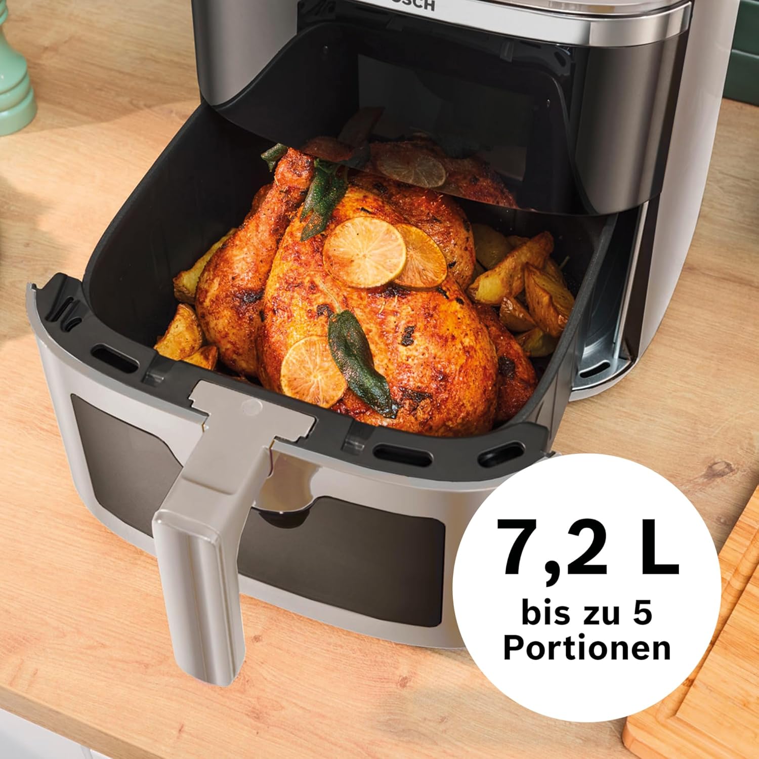 Bosch Heißluftfritteuse Serie 6, XXL-Luftfritteuse, Creme, 7,2 l Fassungsvermögen, beleuchtetes Sichtfenster, 7 voreingestellte Programme, bis zu 65 % schnelleres Garen, MAF671C0 – Bild 4