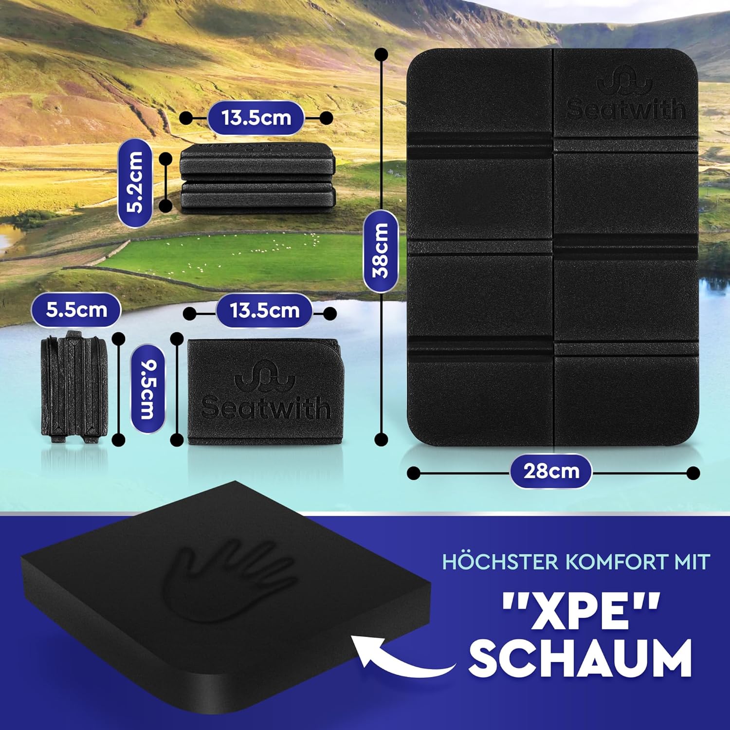 2er-Set Sitzmatten/Faltbares, isoliertes Thermo-Sitzkissen mit Tragetasche und Karabinerhaken zur idealen Befestigung am Rucksack, maximaler Schutz vor Kälte, Feuchtigkeit und Schmutz + Outdoor-E-Book – Bild 5