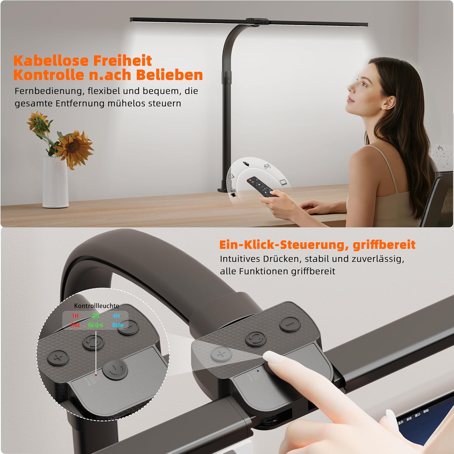 Doppelkopf-Schreibtischlampe LED dimmbar, 24 W 80 cm Schreibtischlampe, klemmbares Heimbüro, Tageslichtlampe Schreibtischlampe, Schwanenhals-Bürotischlampe schwarz, Augenschutz-Monitorlampe – 5 Farbmodi – Bild 2