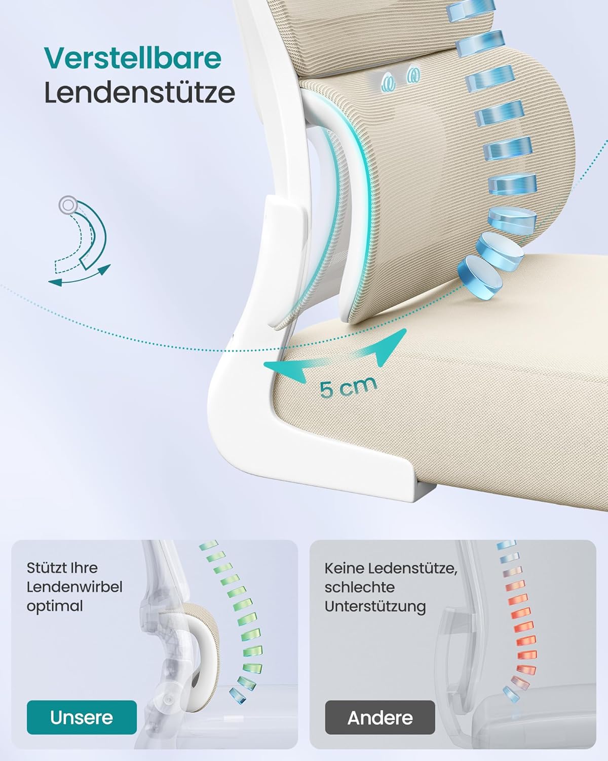 SONGMICS Bürostuhl, Schreibtischstuhl, ergonomischer Netzstuhl, doppellagiges Netzgewebe, atmungsaktiv, adaptive Lordosenstütze, verstellbare Kopfstütze, für das Heimbüro, Sandbeige OBN041L01 – Bild 4
