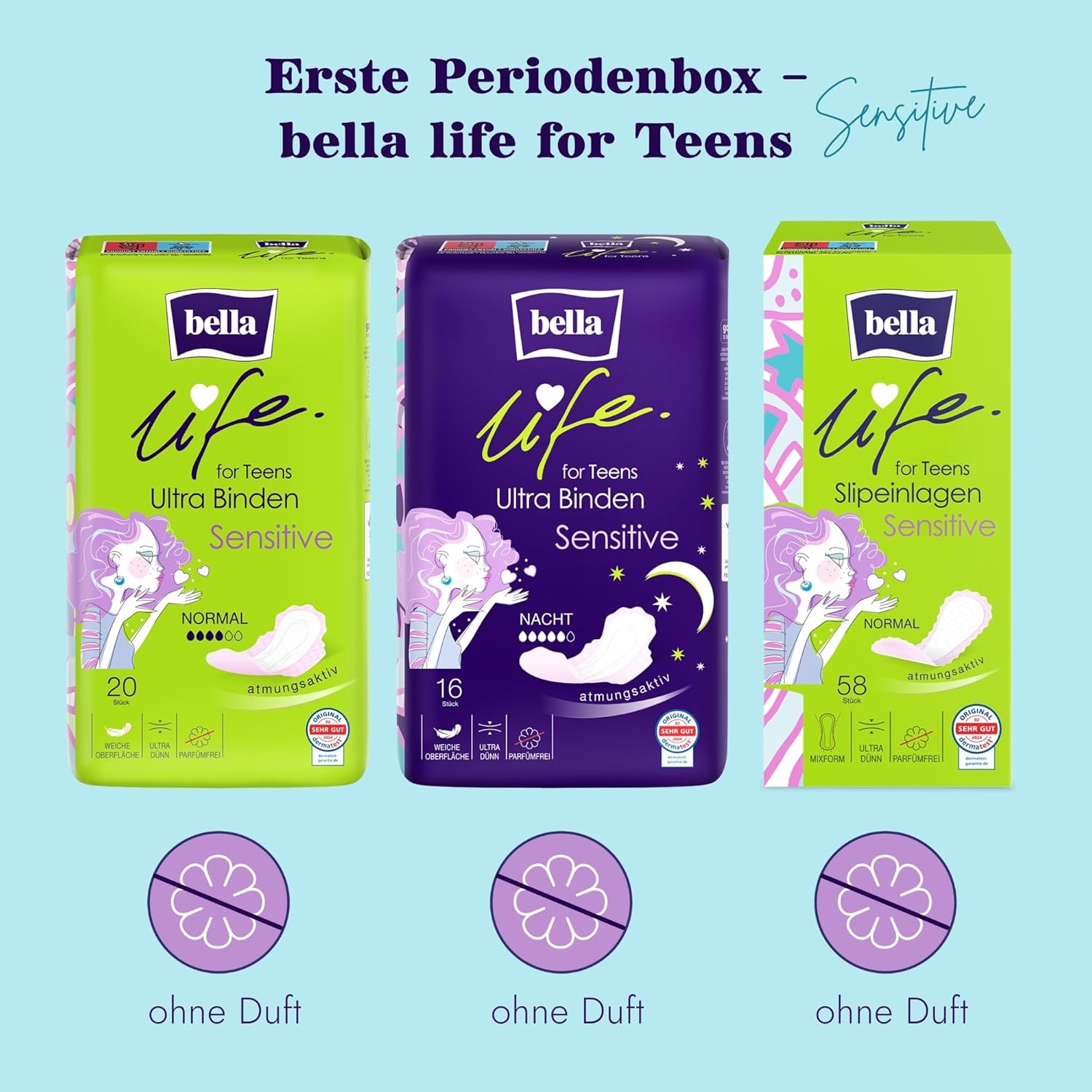 bella life for teens Set Sensitiv für die erste Periode | Damenbinden und Slipeinlagen für Mädchen im Teenageralter | Kit für die erste Periode | für Nacht und Normal | Dermatest: Sehr gut | 94 Stück – Bild 2