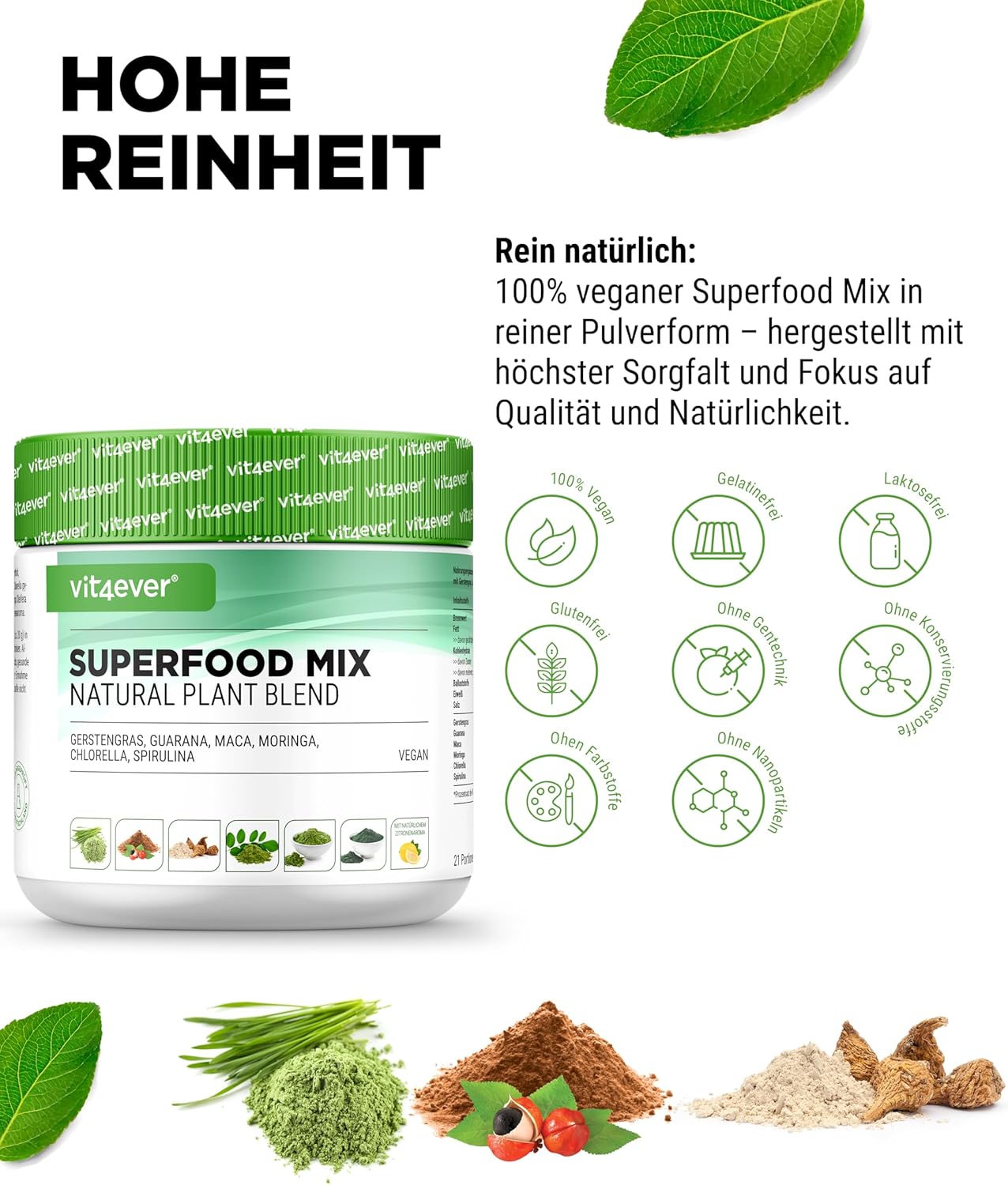 vit4ever Superfood Mix Pulver – 420 g mit 6 Superfoods (Gerstengras, Spirulina, Chlorella, Moringa, Maca & Guarana) – natürliches Zitronenaroma – Bild 3