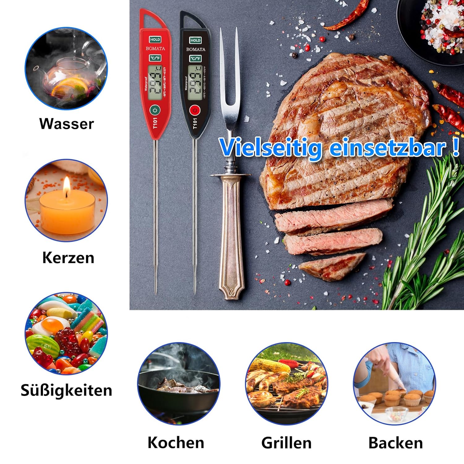 BOMATA 2er-Set wasserdichtes IPX7-Fleischthermometer zur sofortigen Messung der Lebensmitteltemperatur, mit langer Sonde, geeignet für Wasser, Flüssigkeiten, Kochen in der Küche, Grillen und BBQ! 2 Stück (Schwarz und Rot) – Bild 7