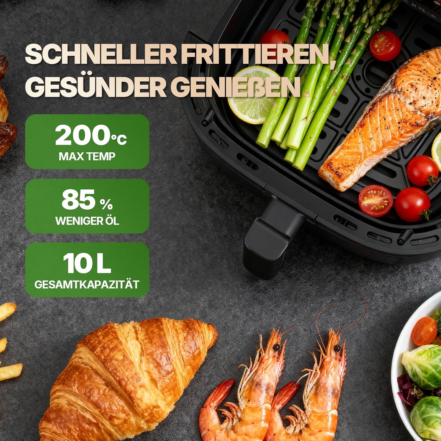 Air Fryer Oven Heißluftfritteuse 10L groß, Airfryer 2100W für Familie, mit Touchscreen & 10 Automatikprogrammen, max 200°C, Edelstahlgehäuse – Bild 7