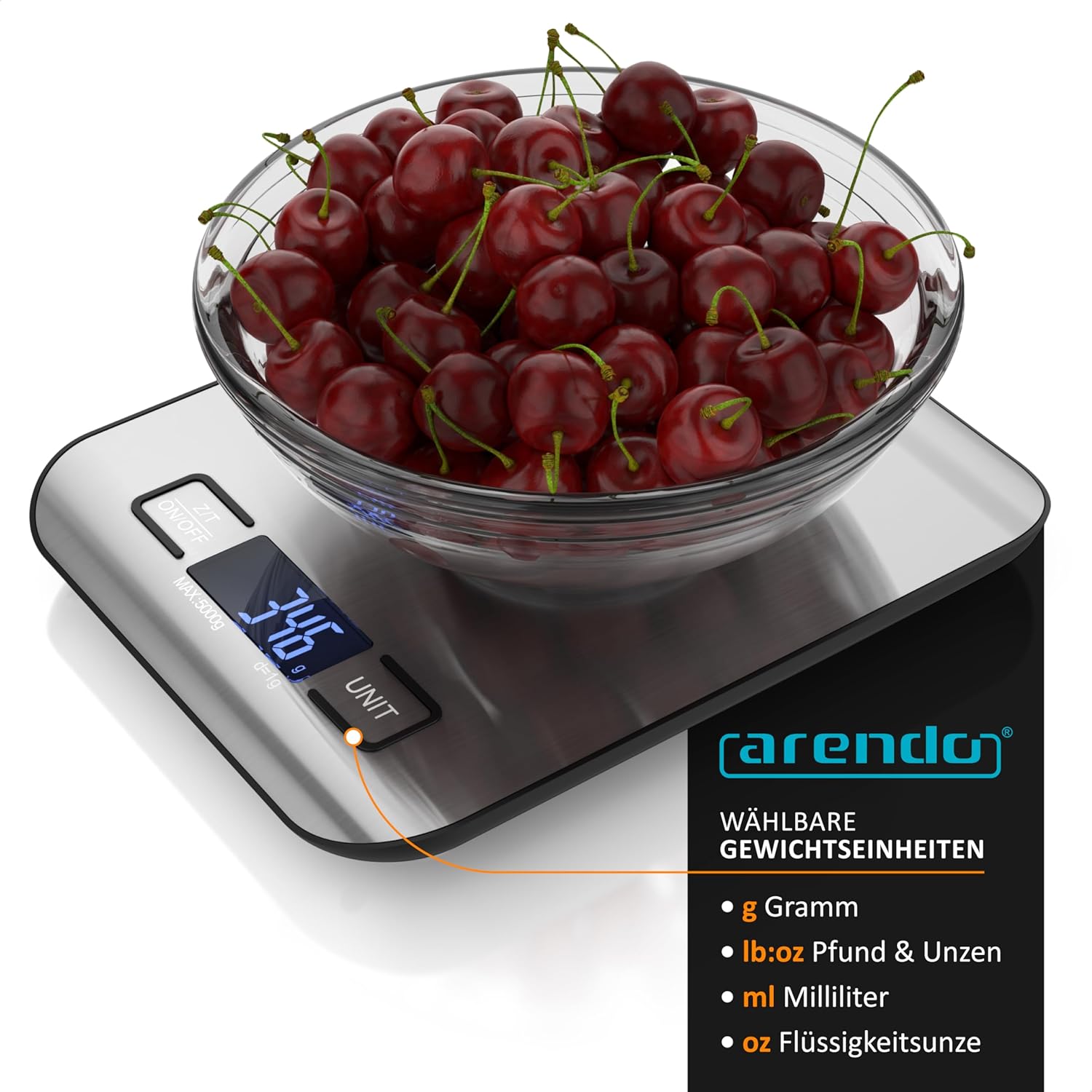 Arendo – Digitale Küchenwaage aus Edelstahl – max. 5 kg – LCD-Display – Tara-Wiegefunktion – Messgenauigkeit 1 g – Display mit LCD-Anzeige – g, lb:oz, oz, ml – Bild 4