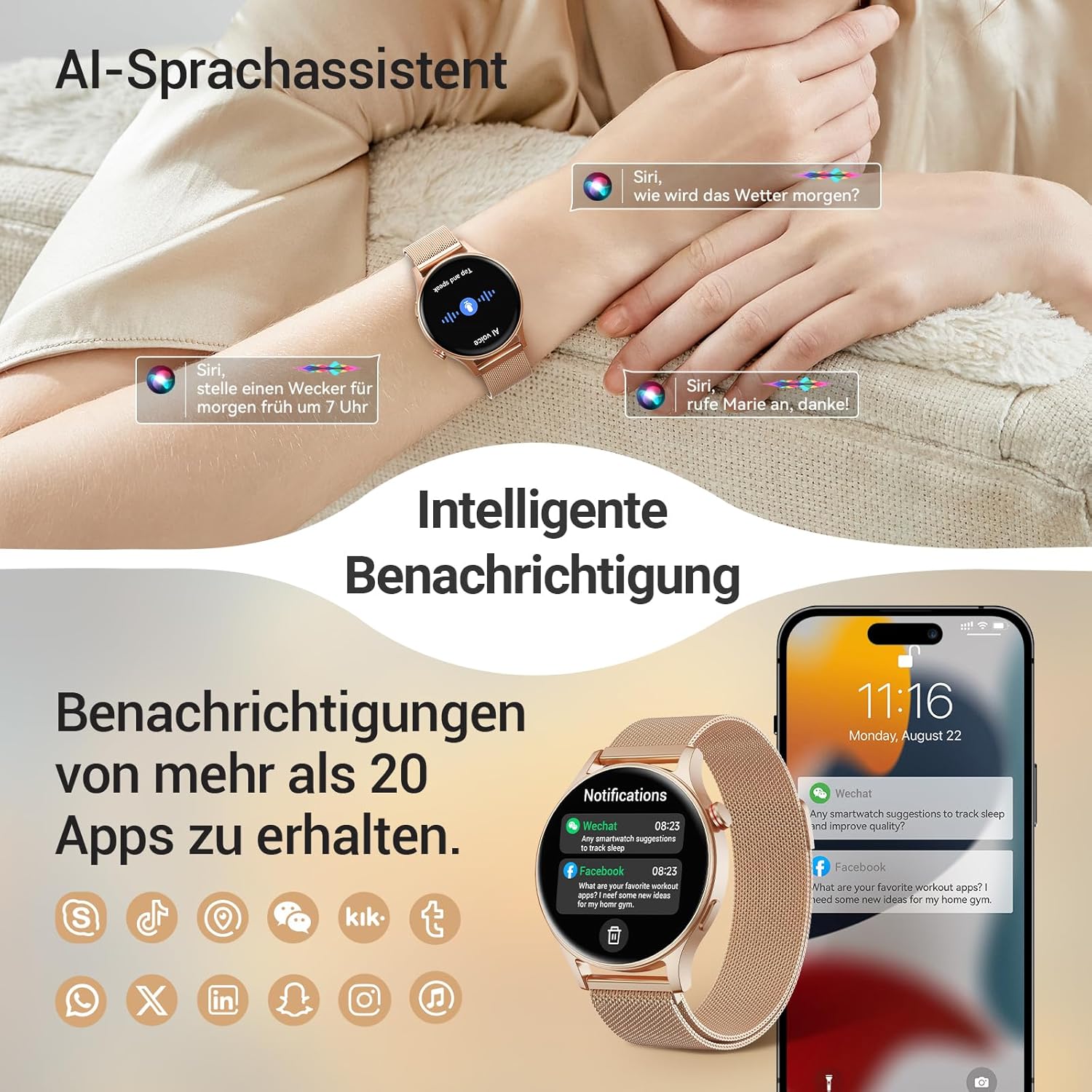 Smartwatch Damen Herren rund mit Telefonfunktion 1,32 Zoll AMOLED Display, Fitnessuhr mit 110+ Sportmodi & 3ATM, Uhren Damen Herren für iOS/Android Schrittzähler mit Herzfrequenzmesser Schlafmonitor Gold – Bild 4