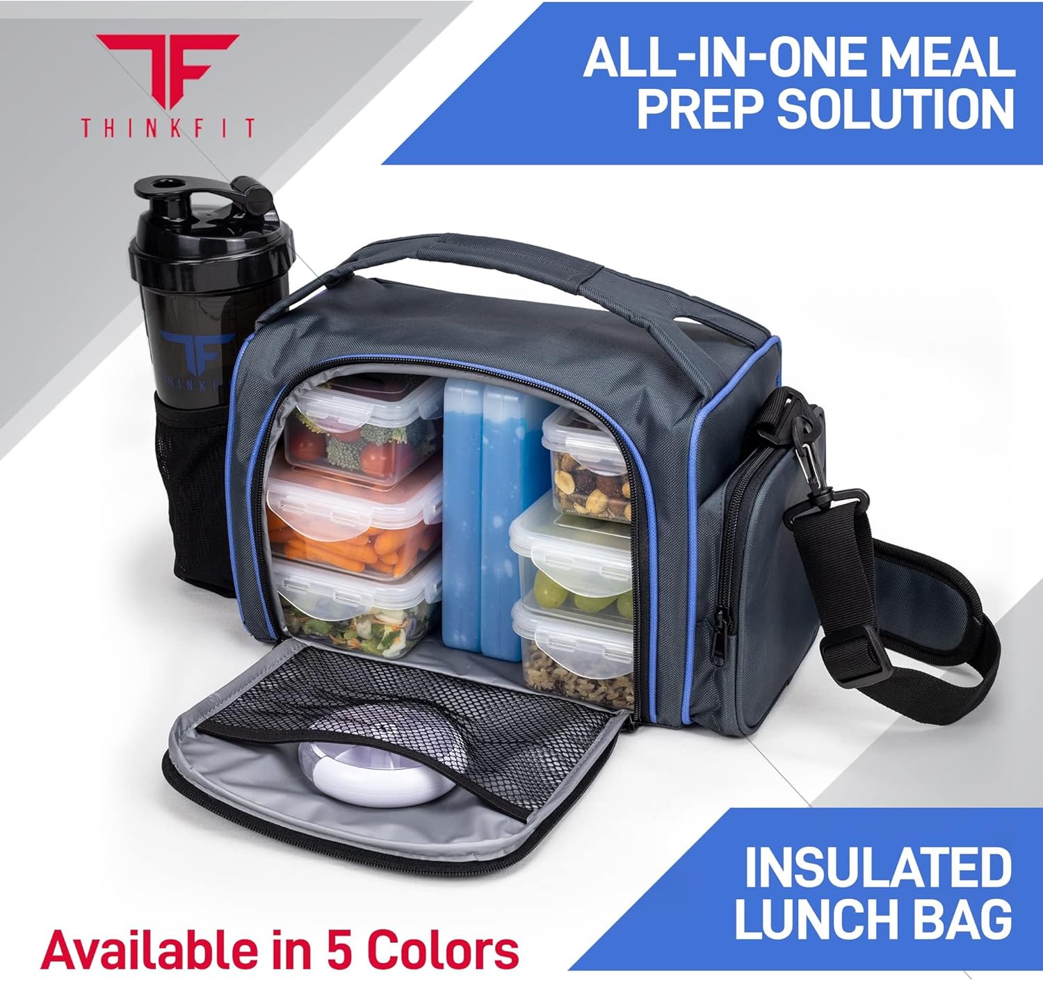 Isolierte Lunchbox mit 6 Meal-Prep-Boxen – BPA-frei, wiederverwendbar, mikrowellen- und gefriergeeignet – Lunchtasche mit Shaker-Becher, Pillen-Organizer, Schultergurt und Kühlakkus – Kühltasche blau – Bild 3