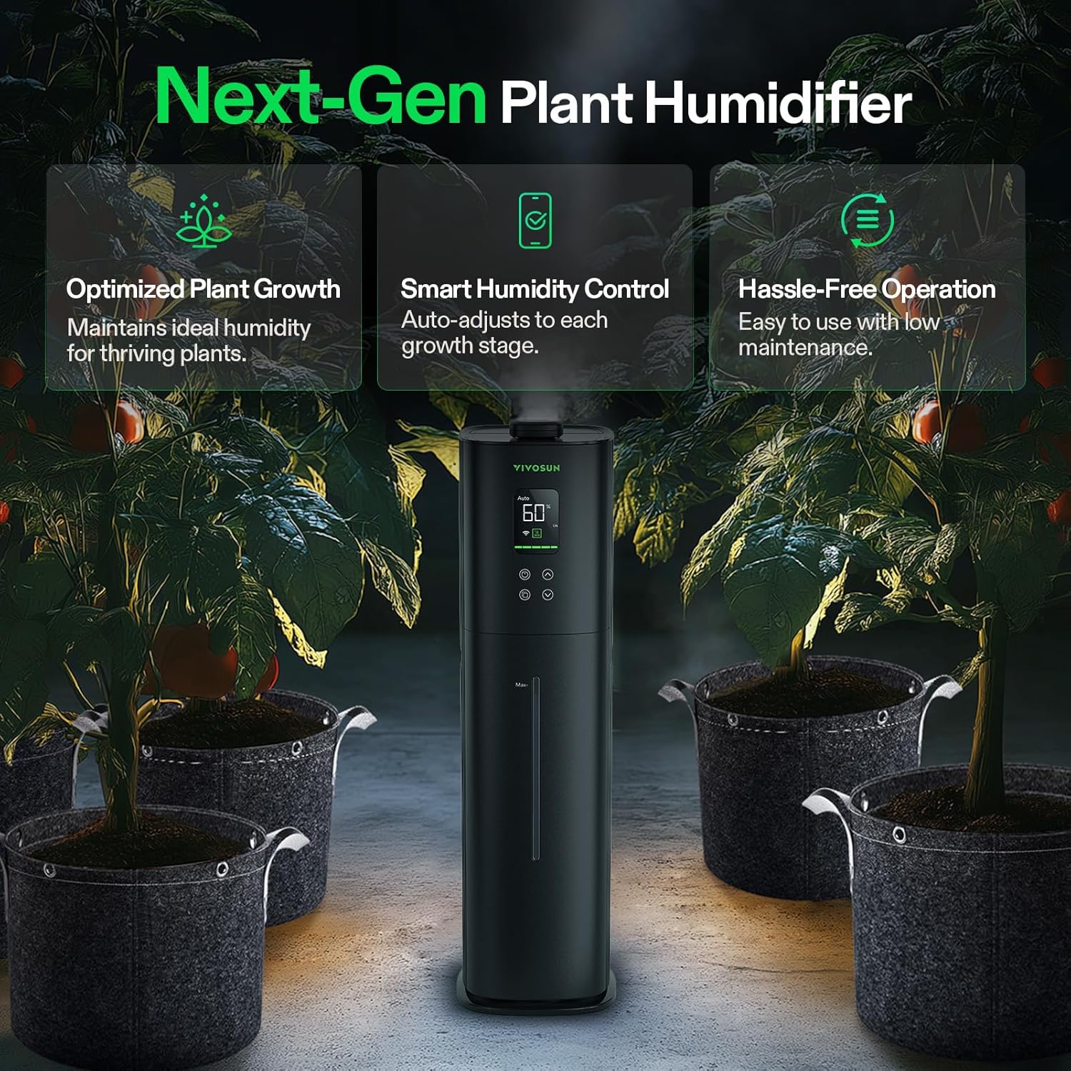 VIVOSUN Pflanzenbefeuchter, 9 l, intelligenter Luftbefeuchter für Pflanzen, intelligente Fernbedienung, VPD-Steuerung, AeroStream H09, 360° kühler Nebel, 60 Stunden, langlebiger Ultraschall-Luftbefeuchter mit Top-Füllung, entwickelt für Wachstumszelte – Bild 3