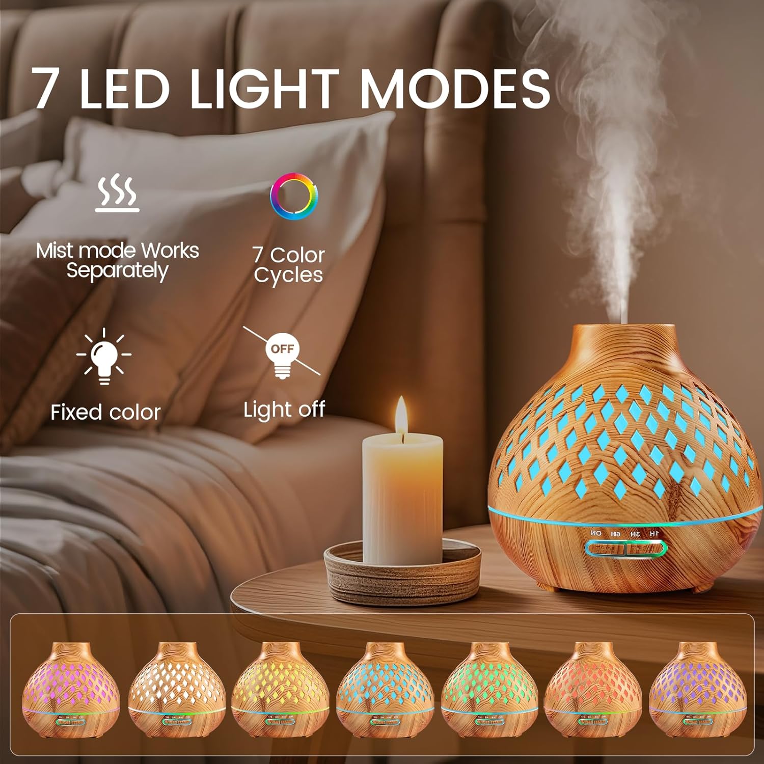 Aeshory 550 ml Aromadiffusor mit 12 x 5 ml ätherischen Ölen, Ultraschall-Aromatherapie-Diffusor mit Fernbedienung, 7 farbige LED-Lichter, 4 Timer, automatisch wasserlos – Bild 4