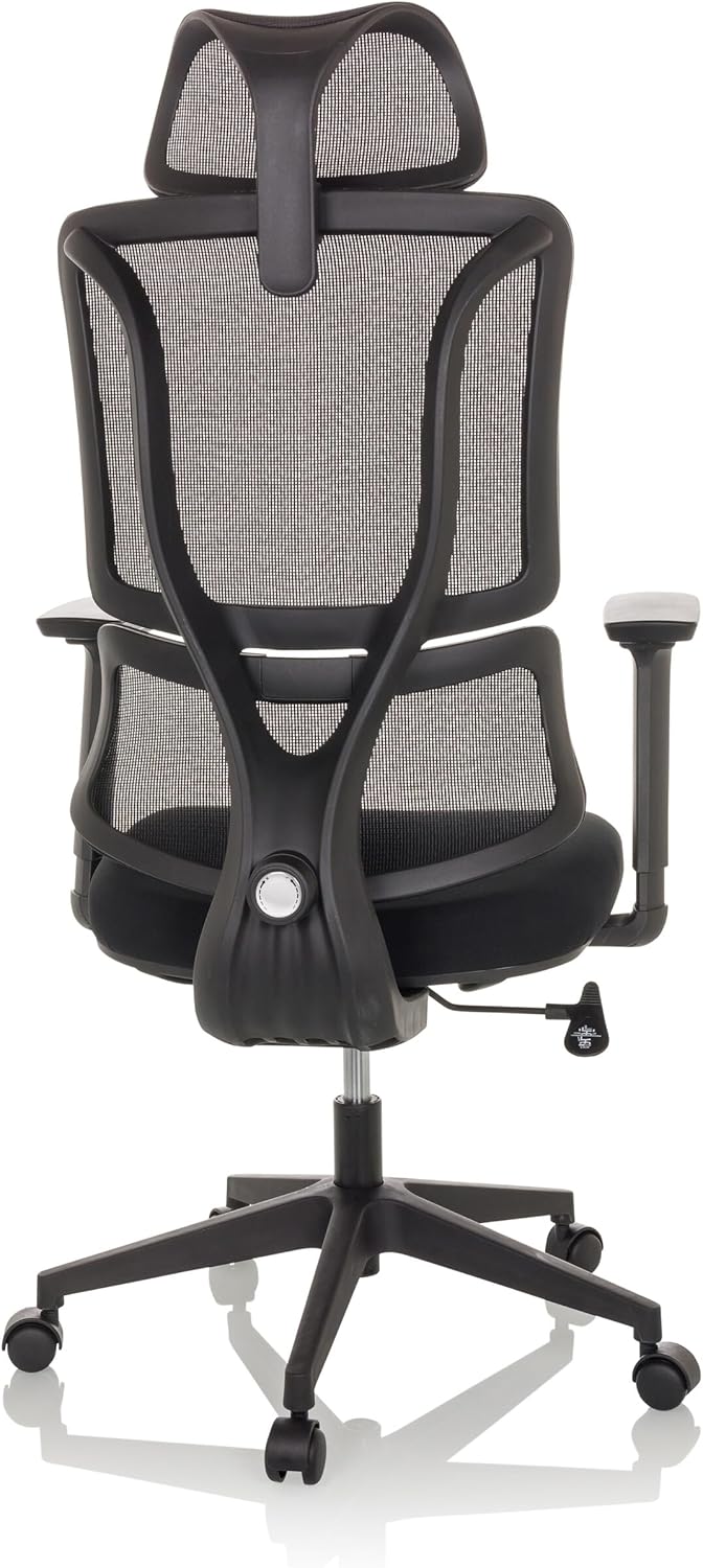 Ergomy Ergonomischer Bürostuhl mit Lordosenstütze, Kopfstütze, Chefdrehstuhl mit Netzrückenlehne, Stoff, Schwarz – Bild 9