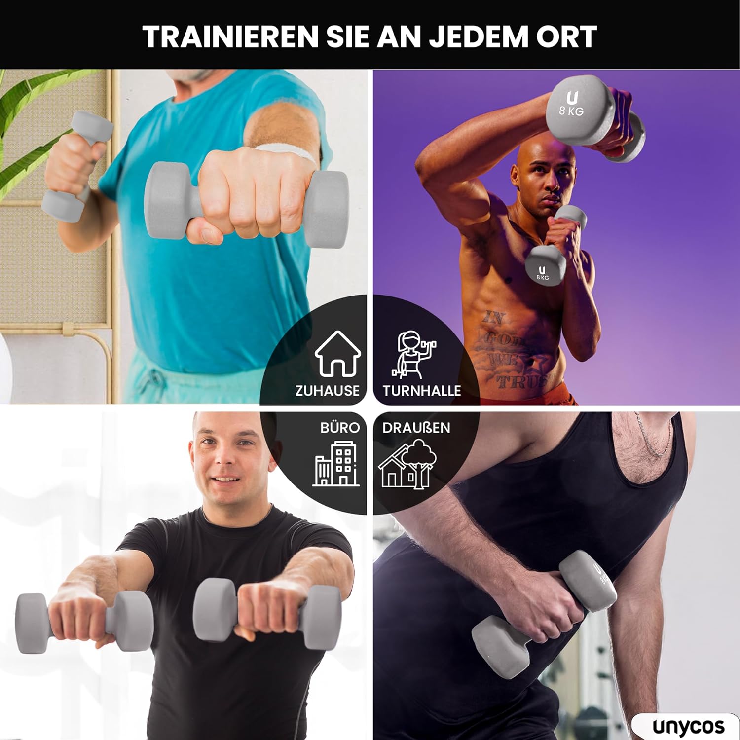 unycos - Neopren-Hanteln 【2er-Set, 1-10 kg】Hanteln, rutschfest für Damen und Herren, Anti-Roll-Design, Fitnessstudio, Krafttraining, Pilates, Gymnastik, Fitnessgeräte für Zuhause – Bild 7