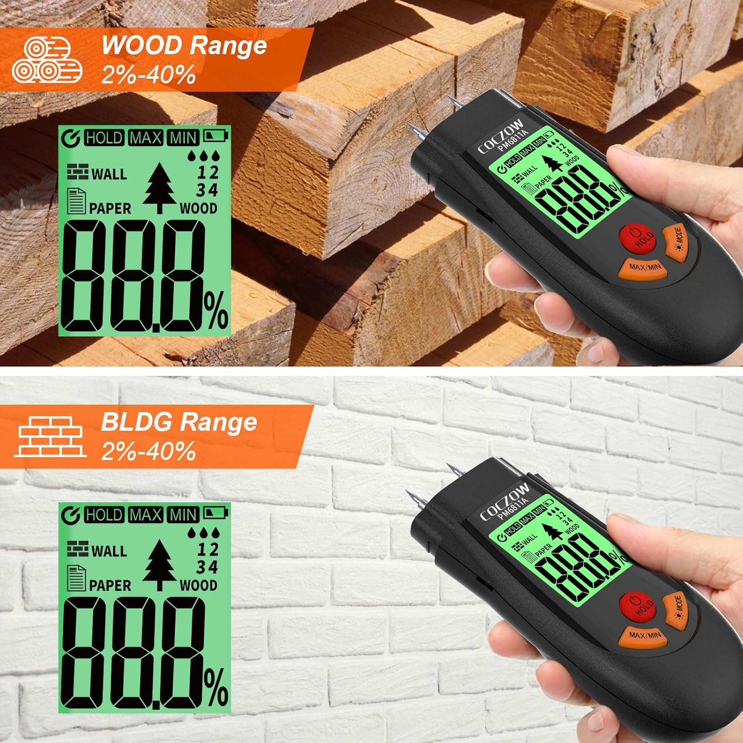 Feuchtigkeitsmessgerät, Feuchtigkeitsmessgerät mit Batterie und LCD-Display, geeignet für die schnelle Bestimmung des Feuchtigkeitsgehalts von rohem Holz, Papier, Sperrholz, Gipswänden, Fußböden usw. – Bild 2