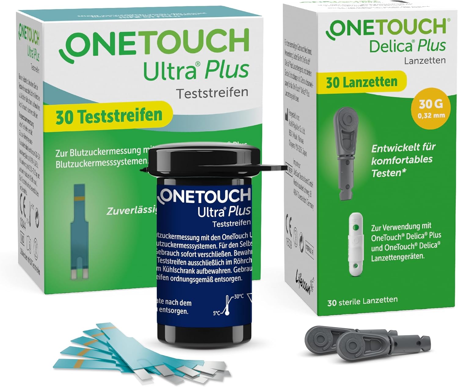 OneTouch Ultra Plus Combo Pack S zur Blutzuckermessung | Teststreifen und Lanzetten für Diabetes (Zuckerkrankheit) | 30 Tests | 1 Teststreifen, 1 Packung Lanzetten, je 30 Stück