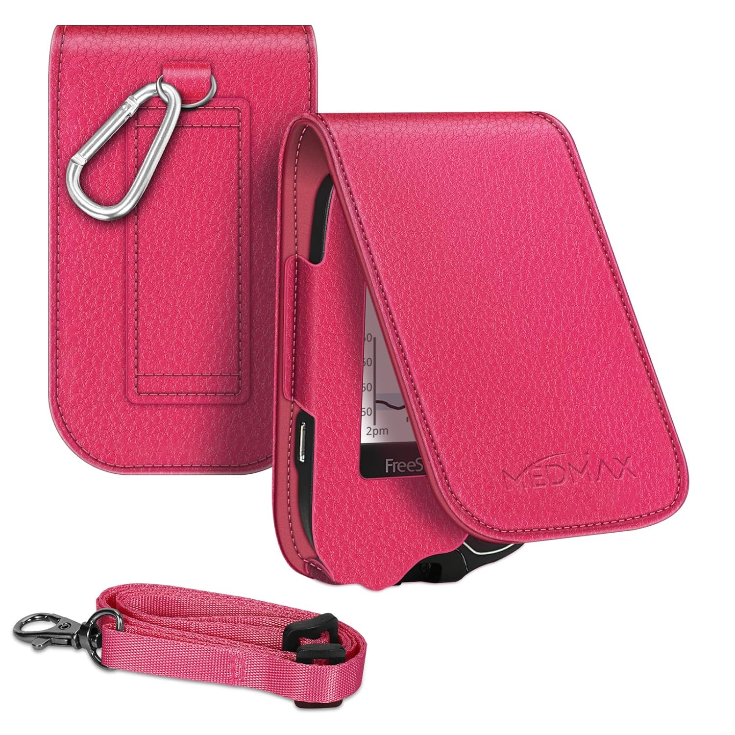 MEDMAX Hülle für Freestyle Libre 3/2 / Libre Reader Blutzuckermessgerät, Tasche mit Nackenhalter zum Umhängen, Kunstleder Schutzhülle mit Karabinerhaken für Diabetiker, (Rose Red)