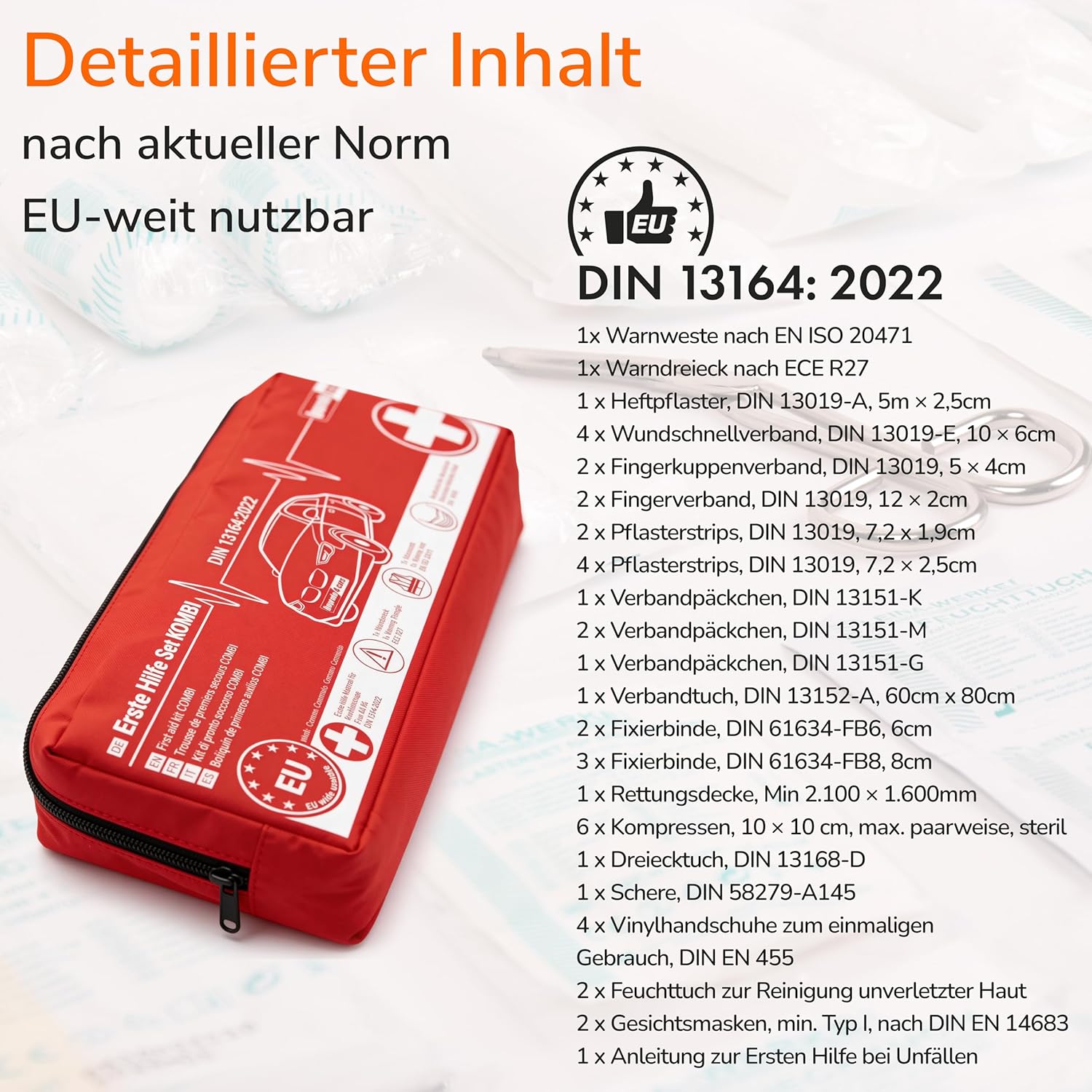 Upgrade4cars Kfz-Verbandskasten 2026 mit Warndreieck & Warnweste nach aktueller Norm DIN 13164, europaweit gültige Kfz-Kombitasche, Erste-Hilfe-Pannenset, Unfallzubehör – Bild 7
