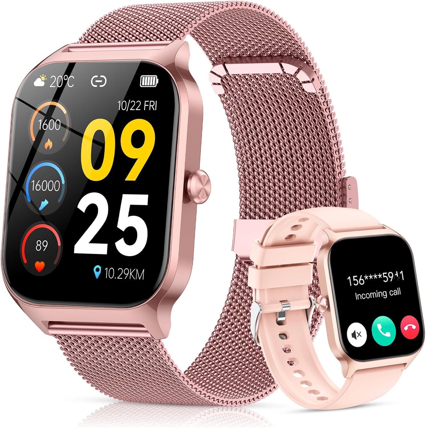 CASCHO Damen Smartwatch mit Telefonfunktion, 1,85 Zoll Smartwatch, 120+ Sportmodi, Fitnessuhr mit Herzfrequenz/SpO2/Schrittzähler, Schlafüberwachung, IP68 wasserdichter Fitness-Tracker für iOS Android, Pink