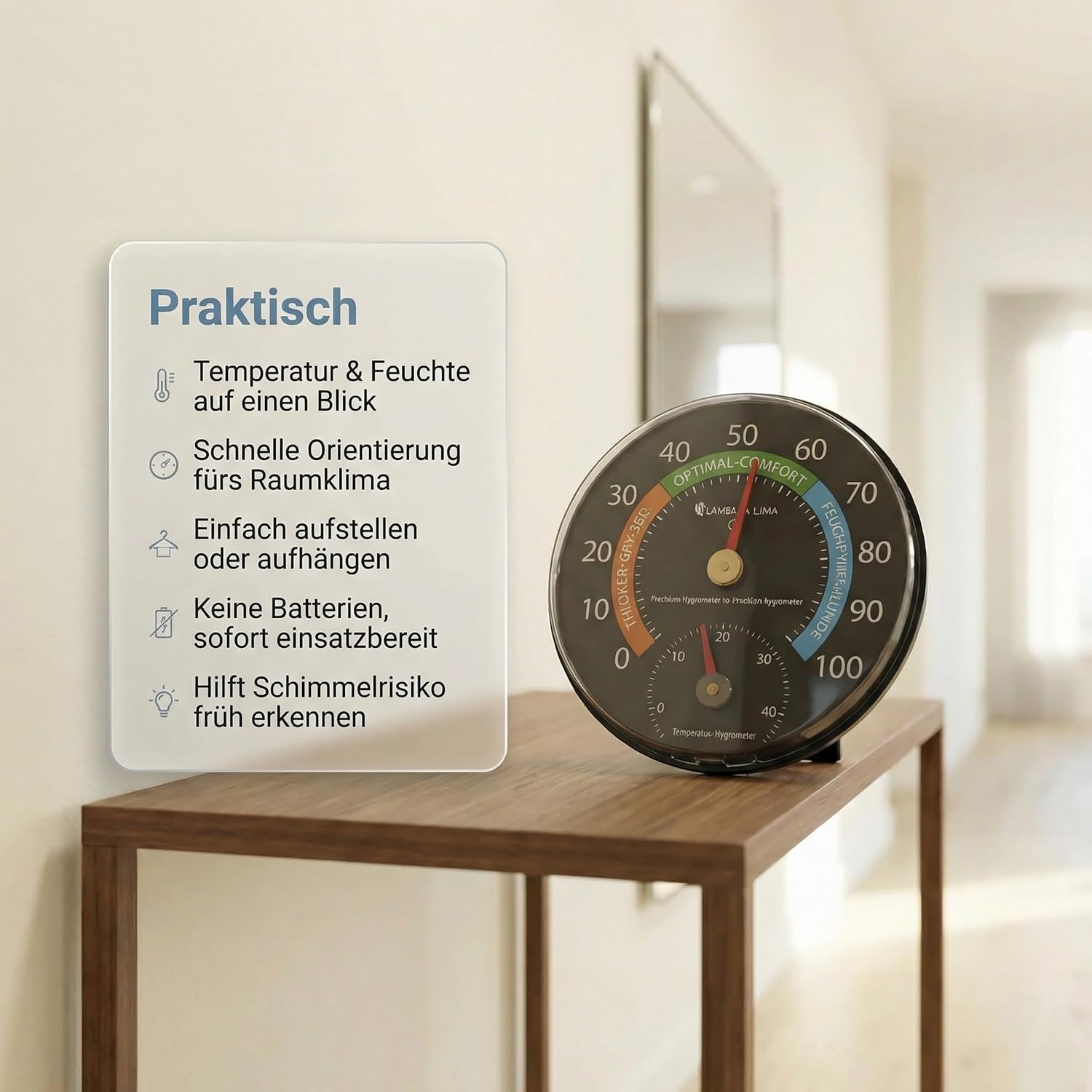 Lantelme Kombi-Thermometer, Hygrometer, Temperatur -5 bis + 45 °C und Luftfeuchtigkeit 0 % – 100 % relativ, analog, präzise Anzeigen für Schimmelschutz, Raumklima und Heizkosten im Innenbereich – Bild 3
