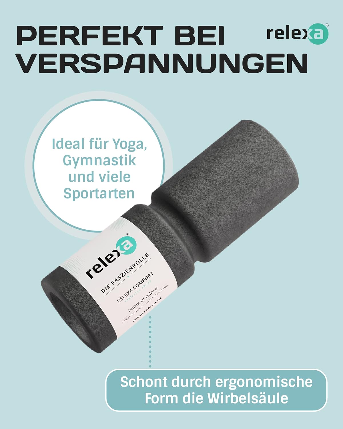 relexa Comfort Foam Roller, Massagerolle mit umlaufender Nut für die Wirbelsäule, Ganzkörper-Selbstmassage bei Verspannungen, inkl. Faszien-eBook, 38 x 13 cm (L x Durchmesser) in verschiedenen Farben – Bild 3