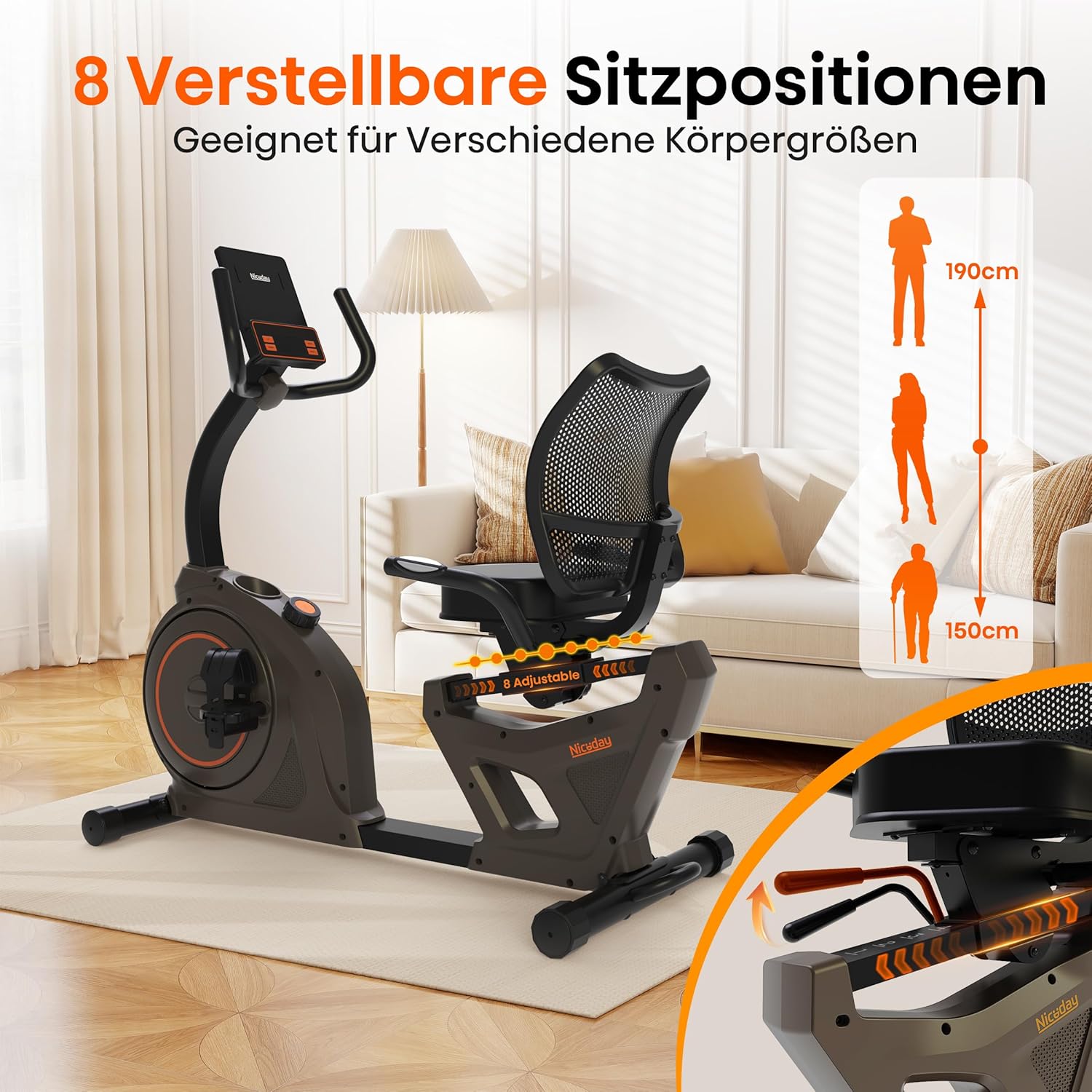 Niceday Liegeergometer für Senioren & Reha, 150kg belastbar & 90% vormontiert. Leiser Heimtrainer, Tiefer Einstieg, 16 Stufen, Ergonomischer Sitz & Rückenlehne – Geschenk für Mama & Papa – Bild 5