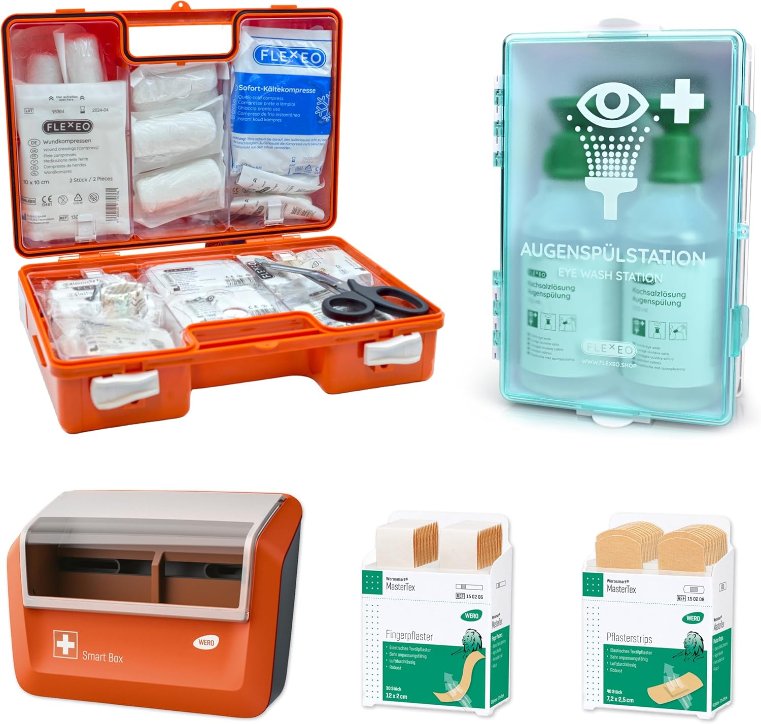 FLEXEO - Erste-Hilfe-Koffer-Set DIN 13157:2021 mit Wandhalterung, mit gefülltem WERO Pflasterspender und FLEXEO Augenspülstation inkl. 2 x 500 ml Flaschen Kochsalzlösung und Wandhalterung – Bild 2