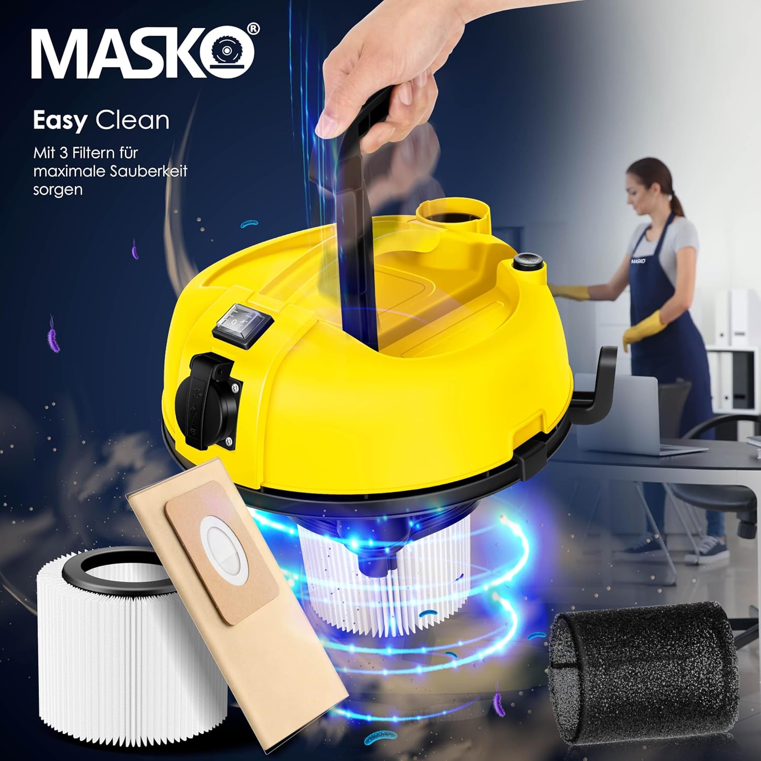 Masko® 6in1 Industriestaubsauger Nass-Trocken-Aschesauger 2300W + Steckdose. Blasfunktion. Trocken- und Nasssaugen – Industriestaubsauger mit und ohne Beutel – beutellos., gelb – Bild 6