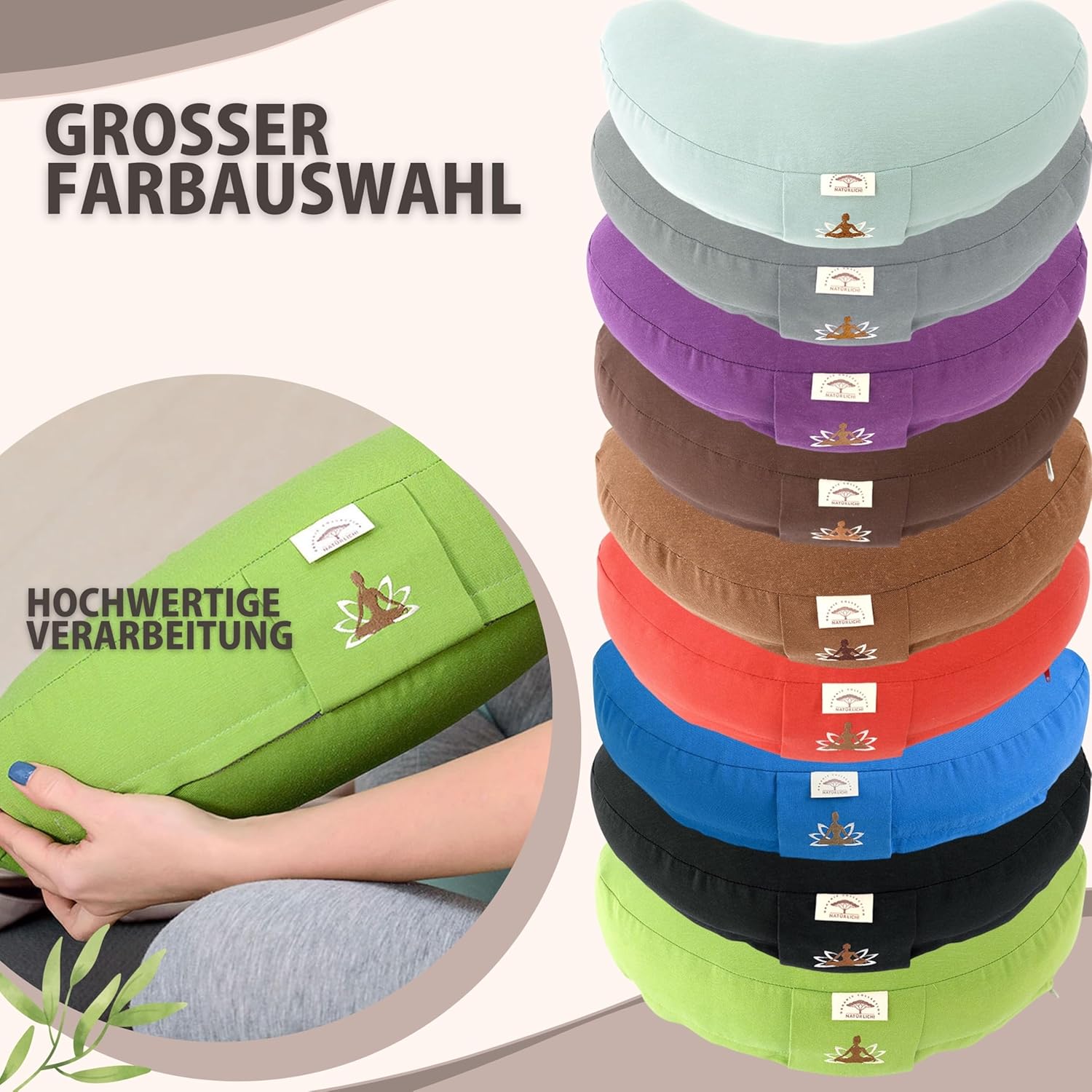 sei Design Halbmond-Yogakissen, Meditationskissen, Yogakissen mit Buchweizenschalenfüllung, Yogablock-Bodenkissen, großes Meditationssitzkissen, 46 x 25 x 10 cm, grün – Bild 5