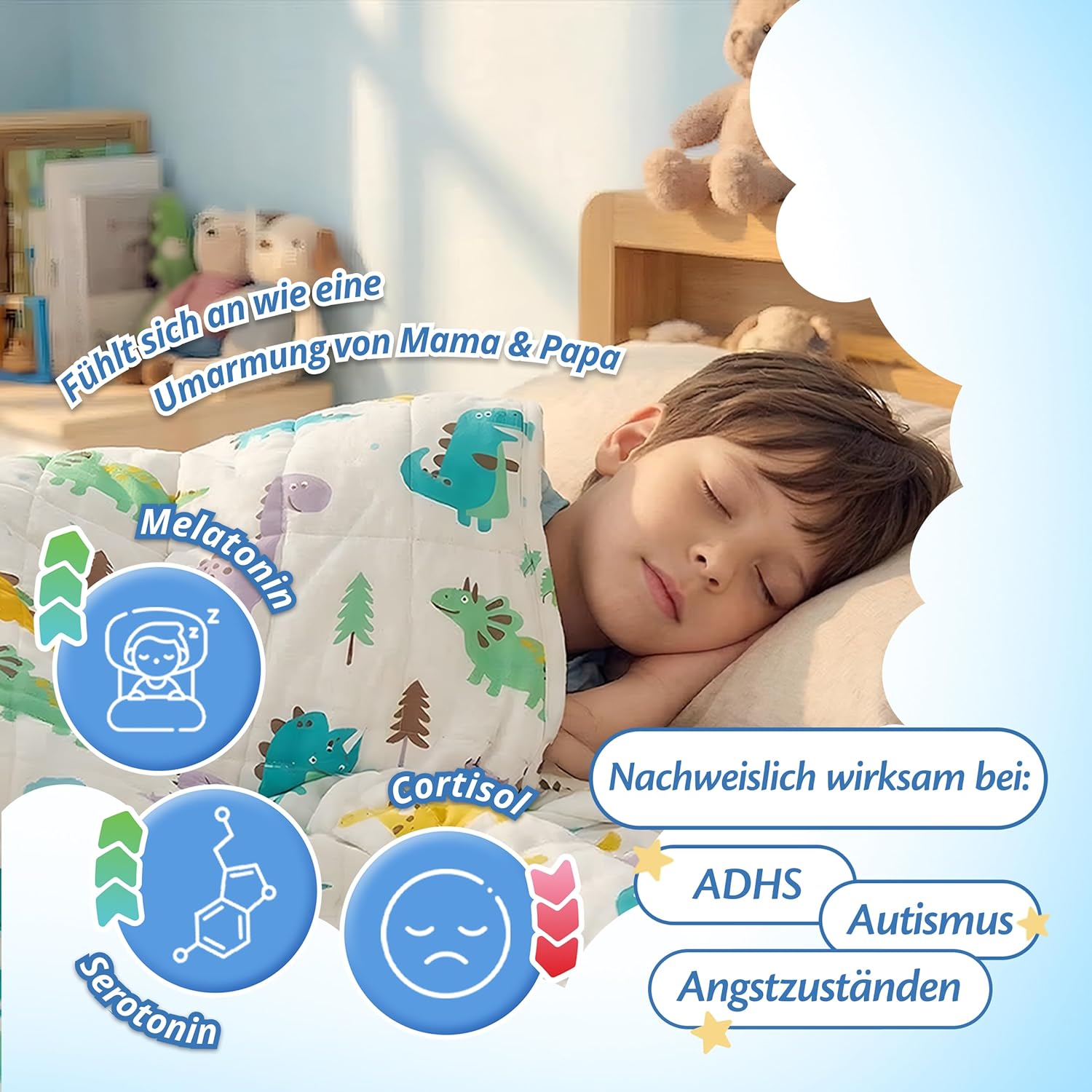 Ella Gewichtsdecke für Kinder, 2,4 kg, 90 x 120 cm – Therapiedecke zum Stressabbau und Angstzuständen, hypoallergene Glasperlen, weiche und kühlende Außenschicht aus Baumwolle für Kinder von 15–25 kg – Dino – Bild 4