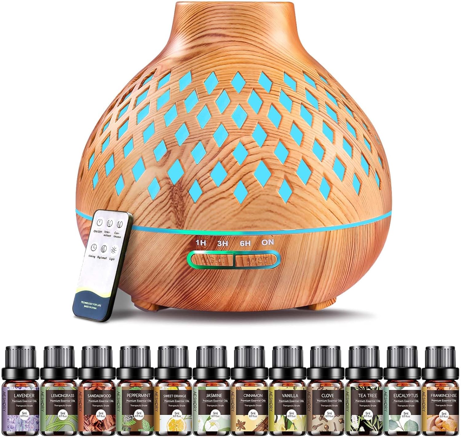 Aeshory 550 ml Aromadiffusor mit 12 x 5 ml ätherischen Ölen, Ultraschall-Aromatherapie-Diffusor mit Fernbedienung, 7 farbige LED-Lichter, 4 Timer, automatisch wasserlos