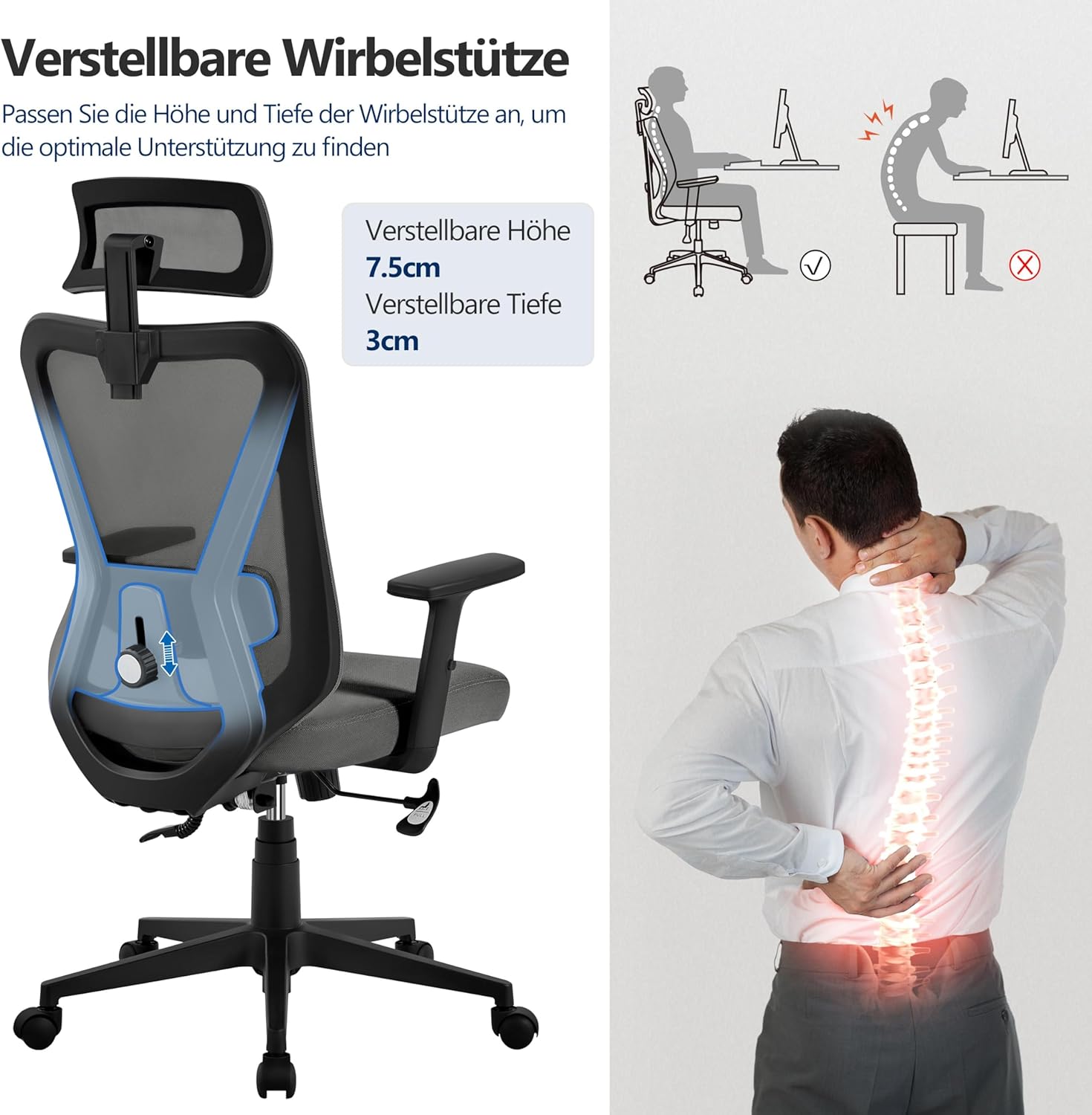 Yaheetech Ergonomischer Bürostuhl, höhenverstellbarer Schreibtischstuhl mit atmungsaktiver Netzrückenlehne, verstellbaren Armlehnen, Kopfstütze und Lordosenstütze, Wippfunktion bis 130°, Home Office, Schwarz – Bild 8