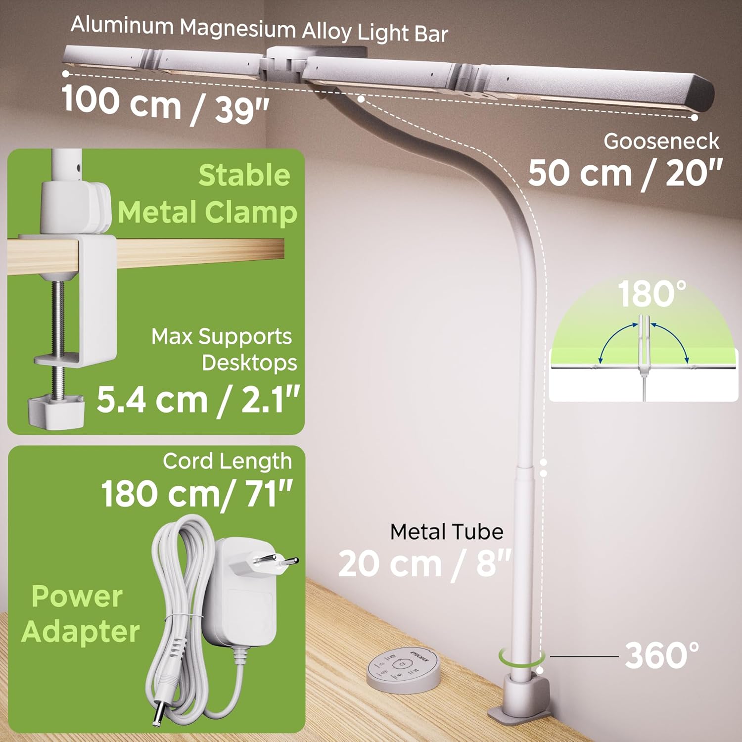 EYOCEAN Schreibtischlampe, Schreibtischlampe mit 4 Lichtquellen, 24W 100 cm Tageslichtlampe Schreibtisch mit Fernbedienung, dimmbare Monitorlampe, Schwanenhals-Bürotischlampe, Augenschutz-PC-Lampe – Bild 9