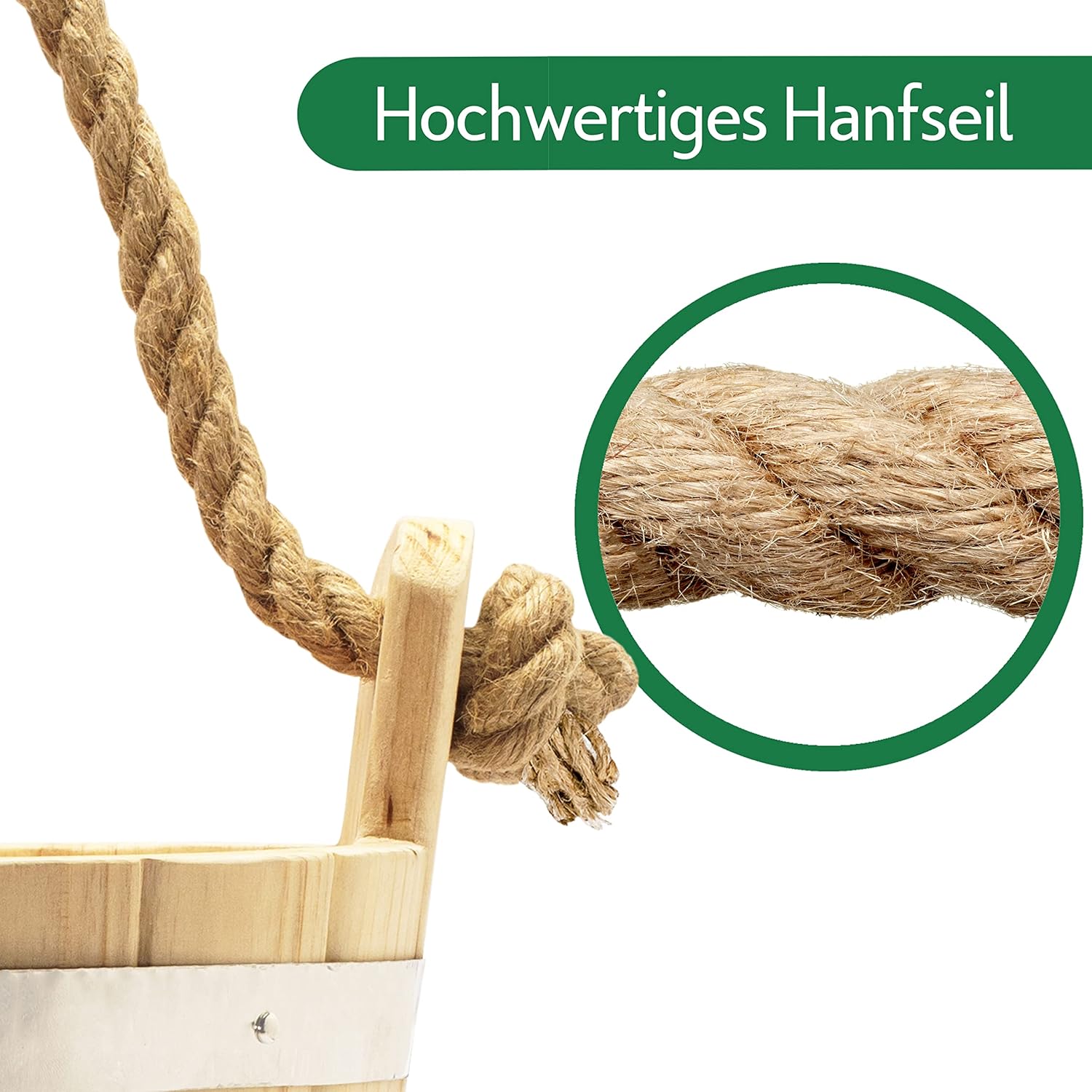 CozyNature® Saunakübel mit Schöpfkelle aus hochwertigem finnischen Kiefernholz, elegante Metallringe, starkes Hanfseil und Kunststoffeinsatz, 100 % handgefertigt, traditionelles Design, 4 Liter, mit E-Book – Bild 5