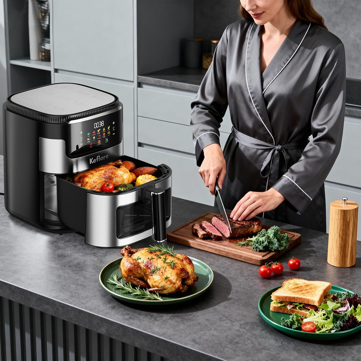 Air Fryer Oven Heißluftfritteuse 10L groß, Airfryer 2100W für Familie, mit Touchscreen & 10 Automatikprogrammen, max 200°C, Edelstahlgehäuse – Bild 6