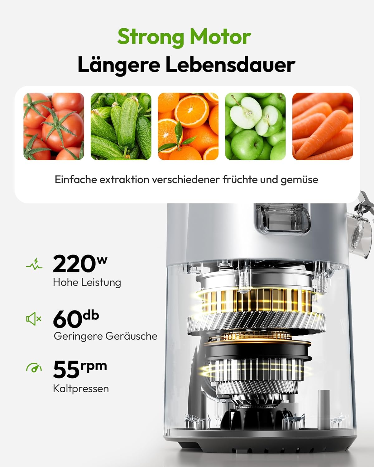 EUHOMY Entsafter, Slow Juicer, Entsafter Gemüse und Obst, Testsieger mit 135 mm Einfüllöffnung, 1,8 l Fassungsvermögen, 2 Tassen, elektrischer Entsafter, Schwarz Silber – Bild 2