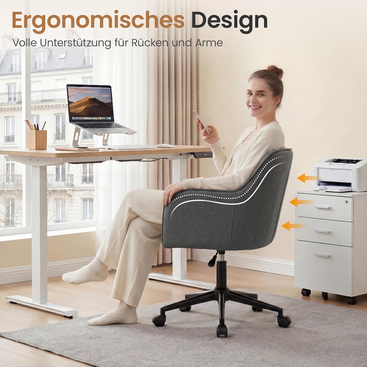 YOUDENOVA Schreibtischstuhl, Drehstuhl mit Rollen, Schminkstuhl Höhenverstellbar, Homeoffice Stuhl, Bürostuhl Ergonomisch, Vanity Chair für Mädchen Arbeitszimmer Schlafzimmer Büro, Leinen Dunkelgrau – Bild 3