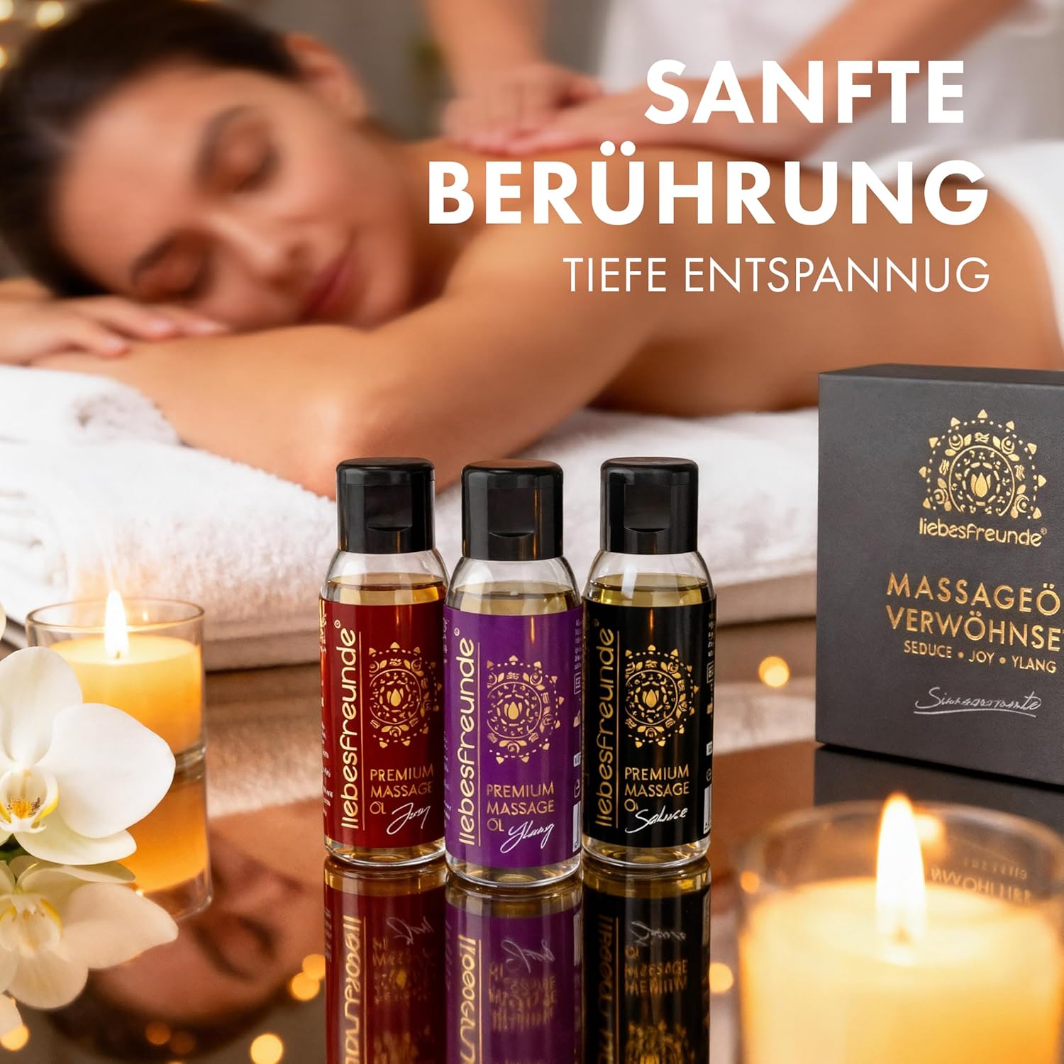 Liebesfreunde Massageöl Geschenkset – 3 x 50 ml Wellnessöl zur Entspannung, erotisches Massage Geschenkset für Damen & Herren – Bild 5