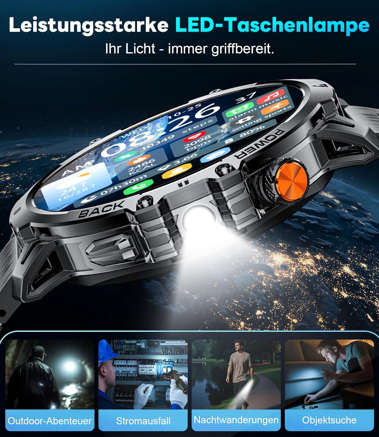 LIGE Military Smartwatch Herren – 1000 mAh/1,85 Zoll HD großer Touchscreen/LED-Licht, Fitnessuhr mit 110+ Sportmodi, Herz-/Schlaf-Tracking, 2 Armbänder, IP68 wasserdicht, Sportuhr für iOS/Android, Schwarz – Bild 3