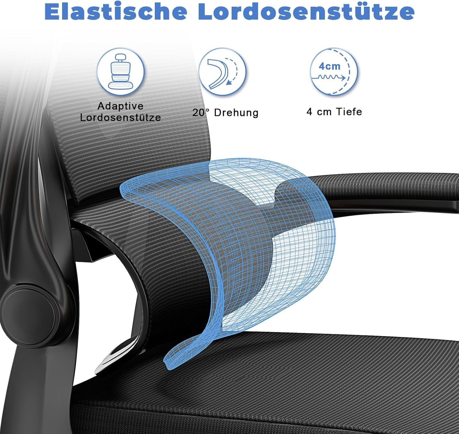 naspaluro Ergonomischer Bürostuhl mit klappbaren Armlehnen, dynamische Lordosenstütze, höhenverstellbarer Bürostuhl mit 120°-Wippfunktion, Upgrade Schwarz – Bild 3