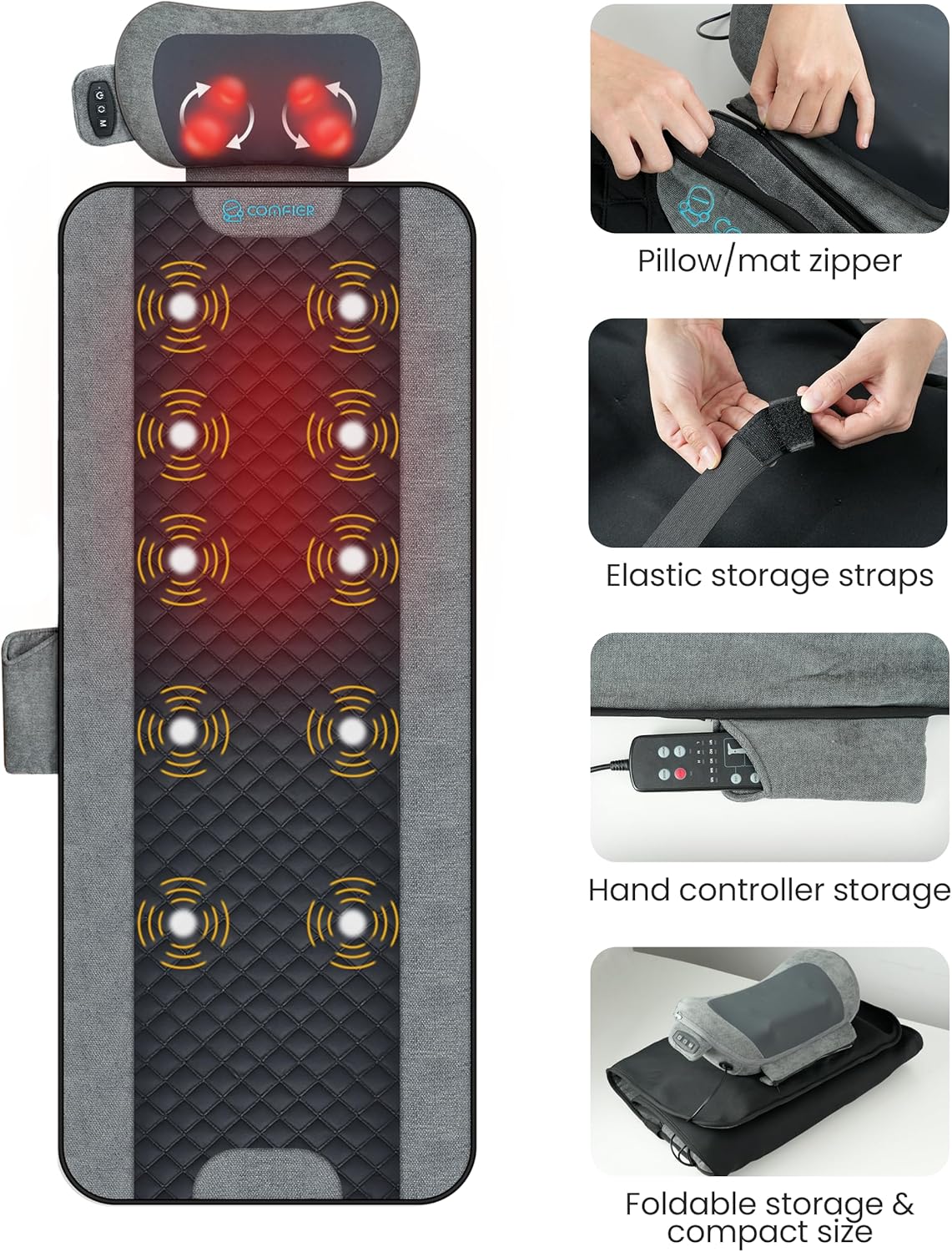 COMFIER Ganzkörper-Massagematte mit Wärme, 10-motoriges Vibrations-Massagepad mit Shiatsu-Nackenmassagegerät für Rücken, Beine und Nacken, 160 x 56 cm, Geschenk für Mama und Papa – Bild 7