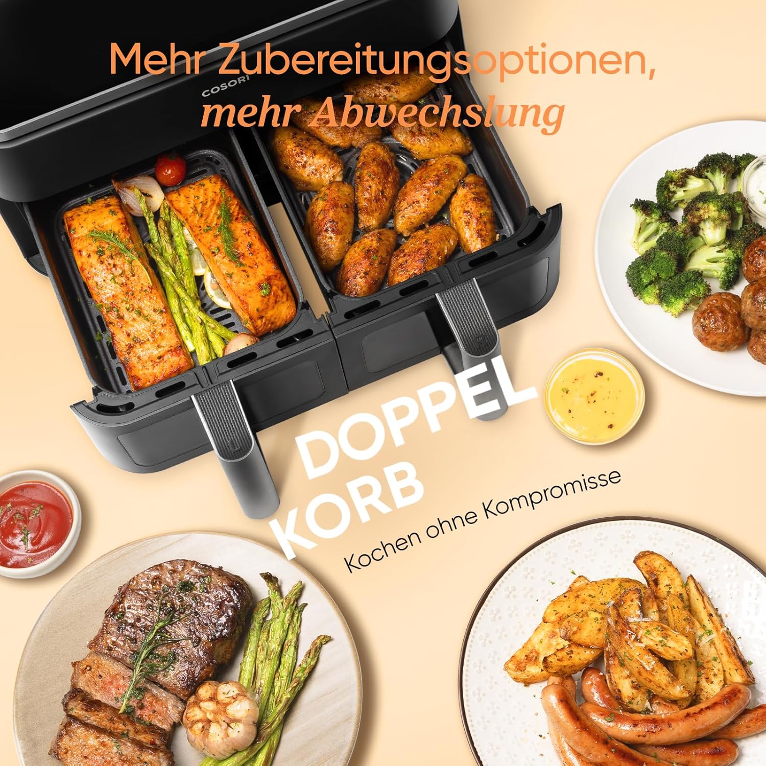 COSORI Heißluftfritteuse mit 2 Kammern, 8-in-1-Dual-Zone XXL 8,5 l, verfügt über ein Doppelkammer-Design mit Sichtfenstern für ausgewogene Mahlzeiten; Enthält 50 Rezepte, ist energiesparend und reicht für 1–5 Personen – Bild 5