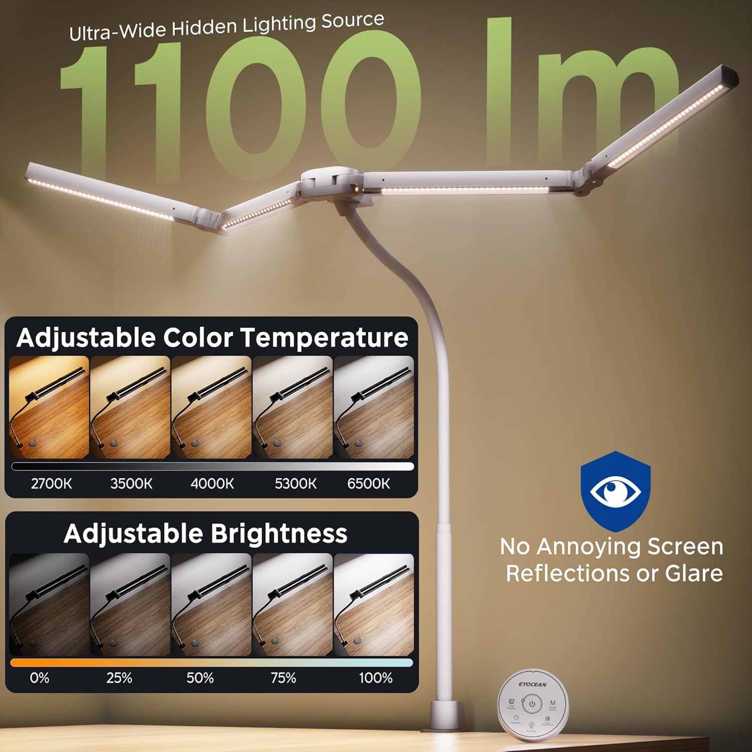 EYOCEAN Schreibtischlampe, Schreibtischlampe mit 4 Lichtquellen, 24W 100 cm Tageslichtlampe Schreibtisch mit Fernbedienung, dimmbare Monitorlampe, Schwanenhals-Bürotischlampe, Augenschutz-PC-Lampe – Bild 6