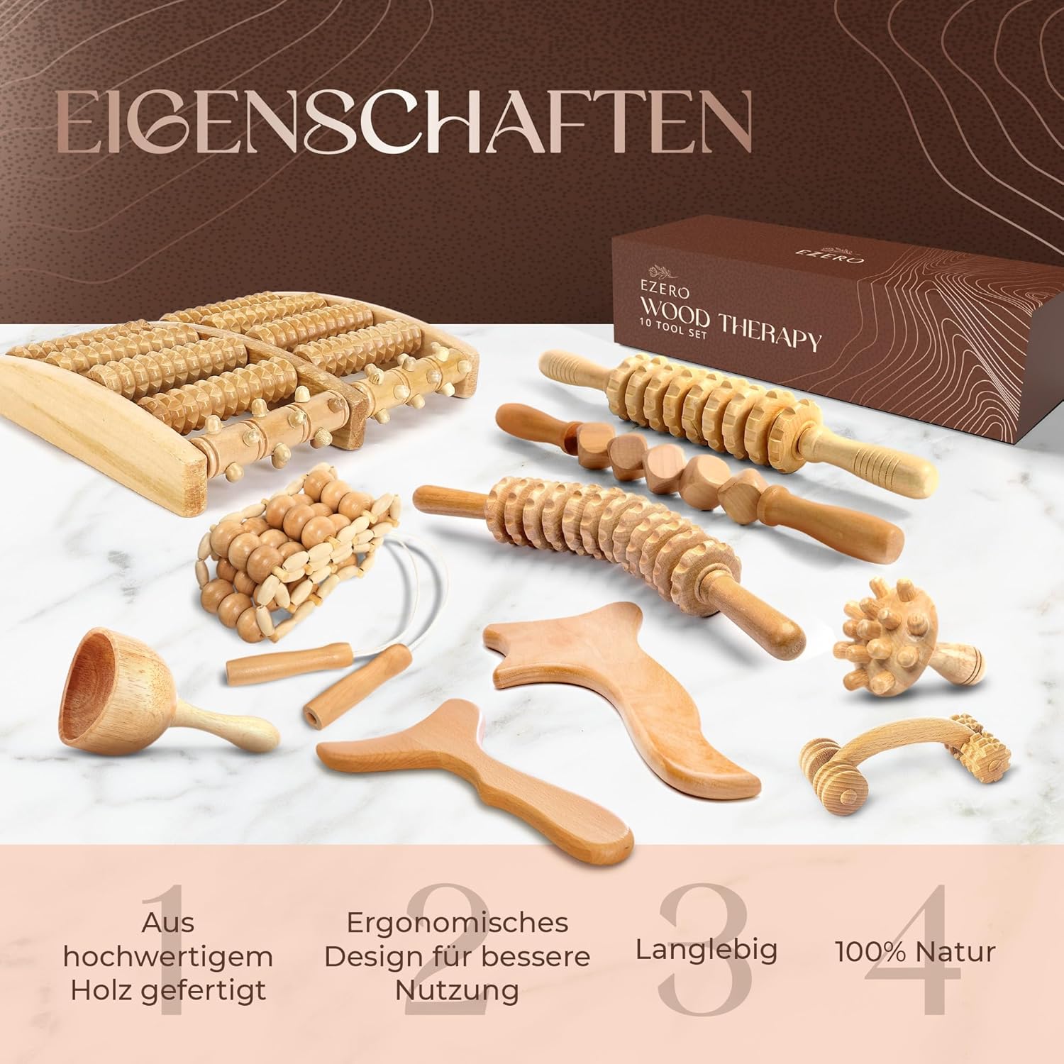 Ezero Maderotherapie-Set 10-teilig mit Tasche und Anleitung – Maderotherapie-Holz mit Faszienstab-Holz – Massageset mit Massageroller-Beinen, Faszienrolle, Körper-Gua-Sha und Madero-Massage – Bild 2