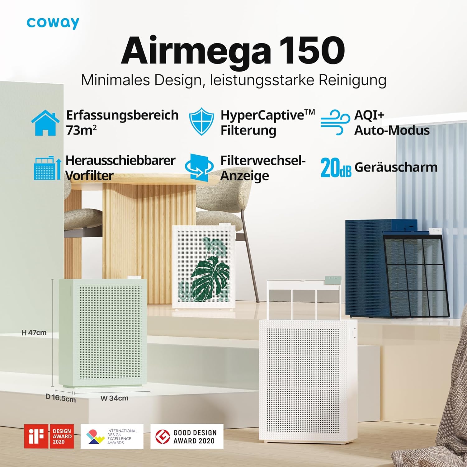COWAY Luftreiniger für Allergiker, Zuhause, Schlafzimmer, Luftreiniger, ECARF & Quiet Mark, Schlafmodus 20 dB, Vorfilteroberteil abnehmbar und waschbar, Allergiker gegen Rauchpollen bei Haustieren, Airmega 150, Marineblau – Bild 2