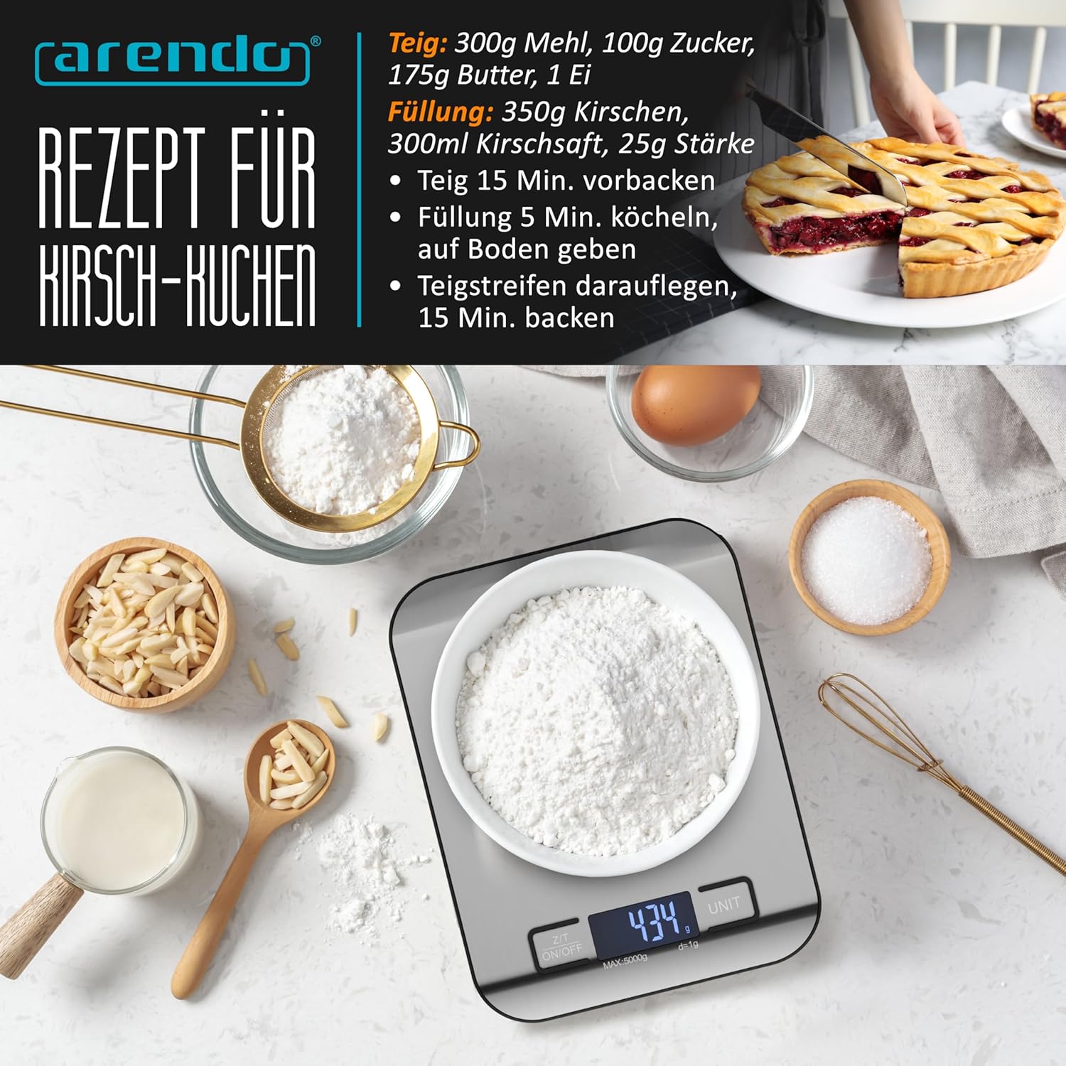 Arendo – Digitale Küchenwaage aus Edelstahl – max. 5 kg – LCD-Display – Tara-Wiegefunktion – Messgenauigkeit 1 g – Display mit LCD-Anzeige – g, lb:oz, oz, ml – Bild 5