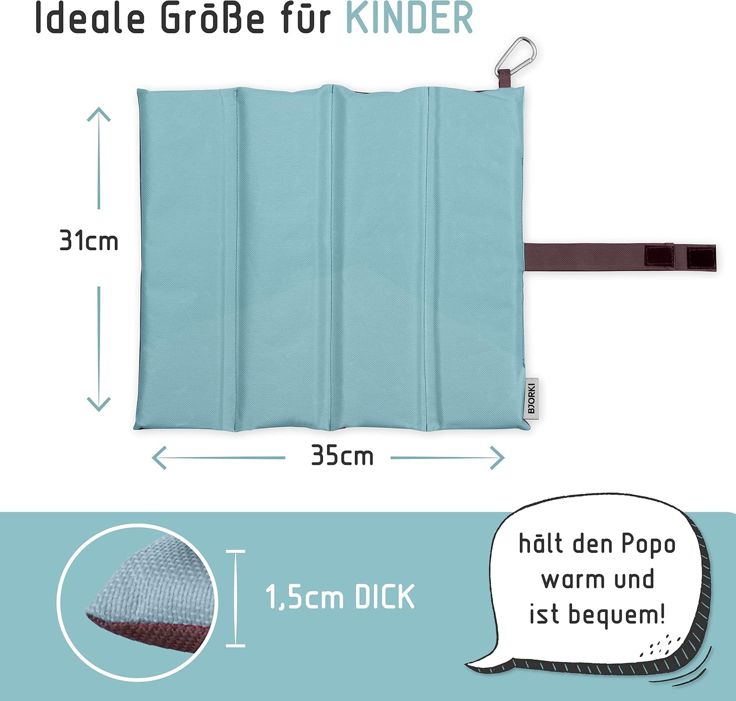 BJORKI® Kinder-Sitzkissen, faltbares Outdoor-Sitzkissen mit optimalem Kälte- und Nässeschutz, robuste Outdoor-Sitzauflage, das Thermo-Sitzkissen für Wandern, Stadion und unterwegs – Bild 4