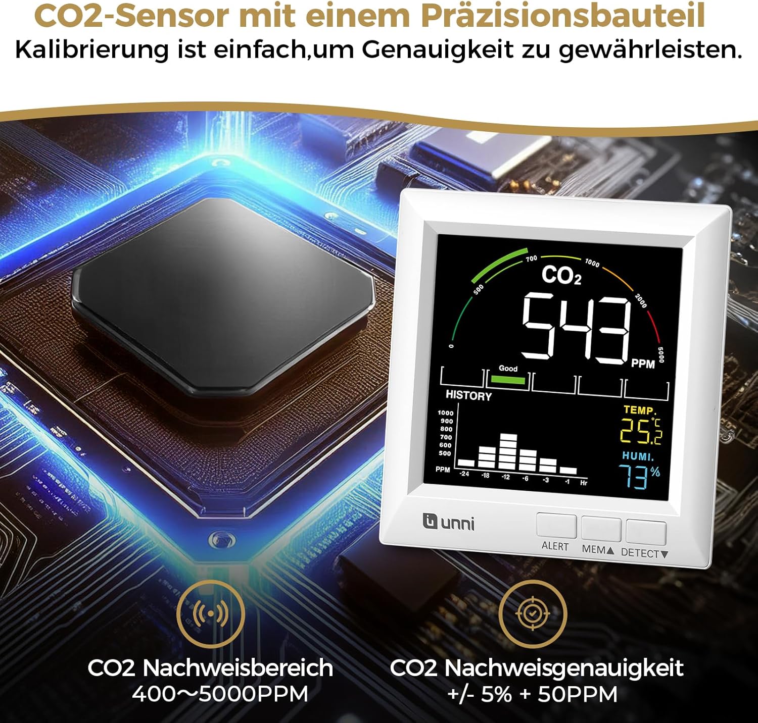 U UNNI CO2-Messgerät, 5 CO2-Detektor-Konzentrationsstufen und Belüftungsempfehlungen, USB- und batteriebetrieben, mit 3 Helligkeitsstufen und Alarm – Bild 4