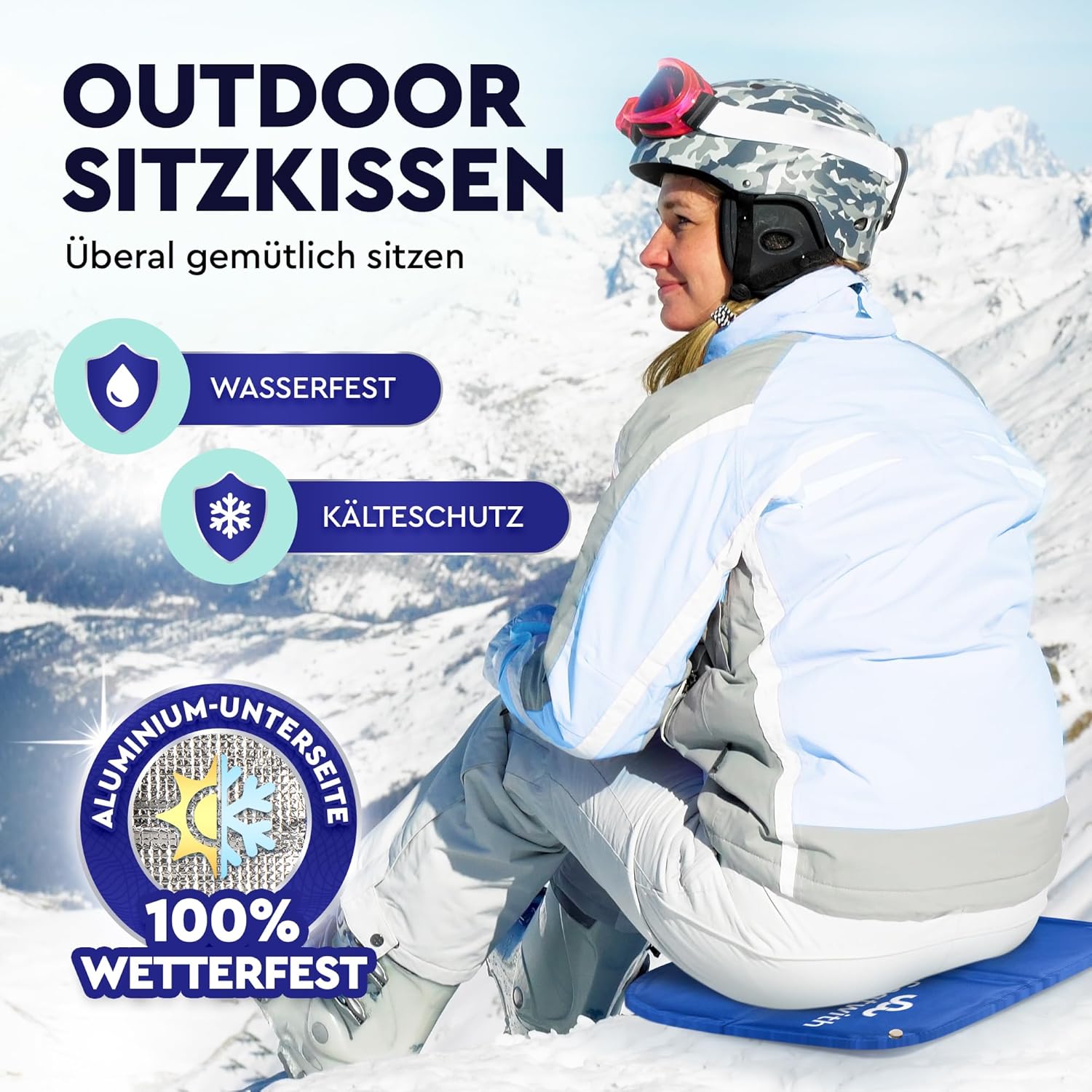Faltbares, isoliertes Sitzkissen (40 x 40 cm) mit wärmeisolierender Aluminium-Unterseite + Tragetasche & Karabinerhaken zur idealen Befestigung am Rucksack. Maximaler Schutz vor kaltem Feuchtigkeitsschmutz – Bild 2